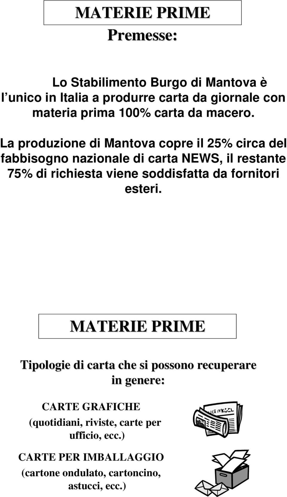 La produzione di Mantova copre il 25% circa del fabbisogno nazionale di carta NEWS, il restante 75% di richiesta viene