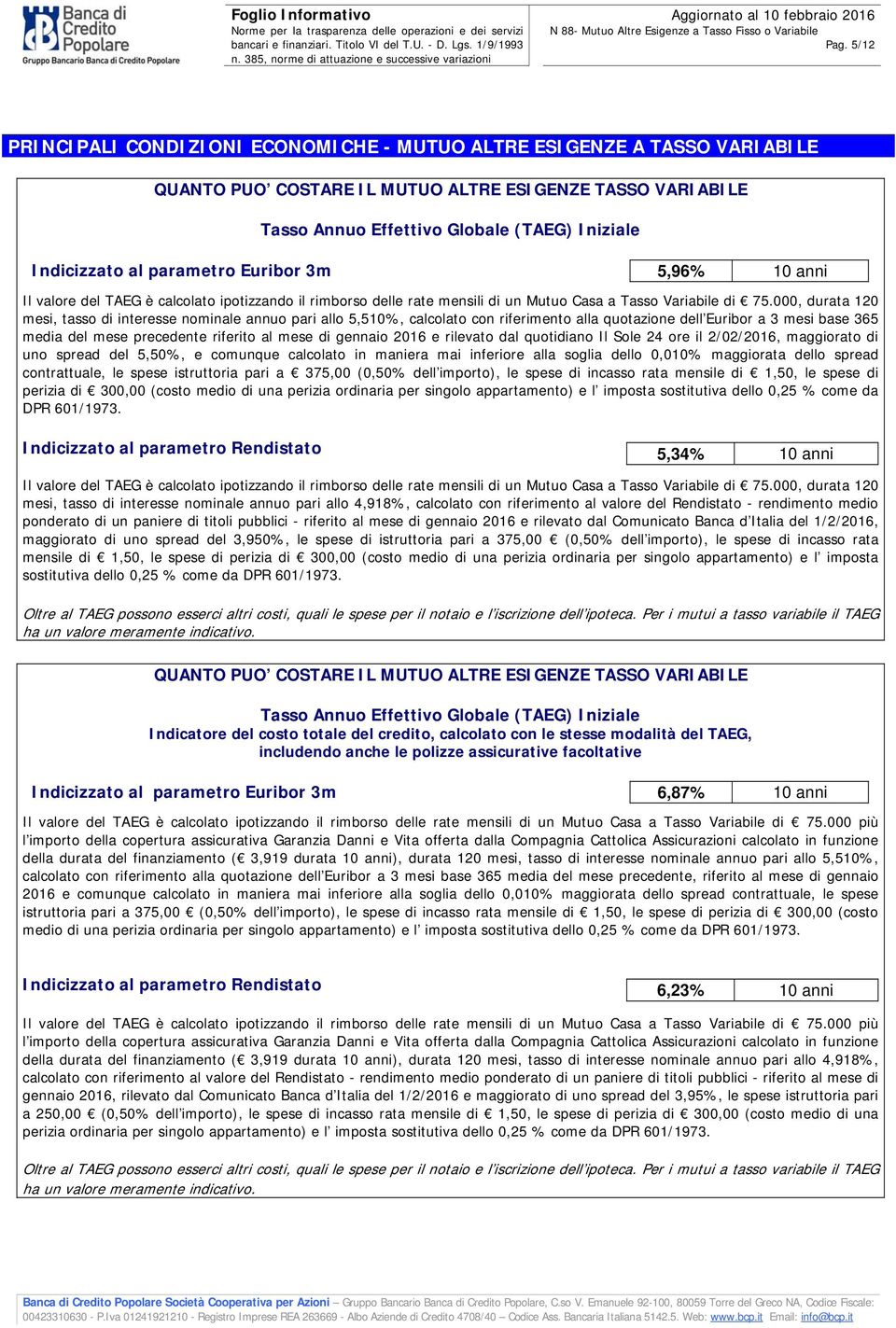 000, durata 120 mesi, tasso di interesse nominale annuo pari allo 5,510%, calcolato con riferimento alla quotazione dell Euribor a 3 mesi base 365 media del mese precedente riferito al mese di