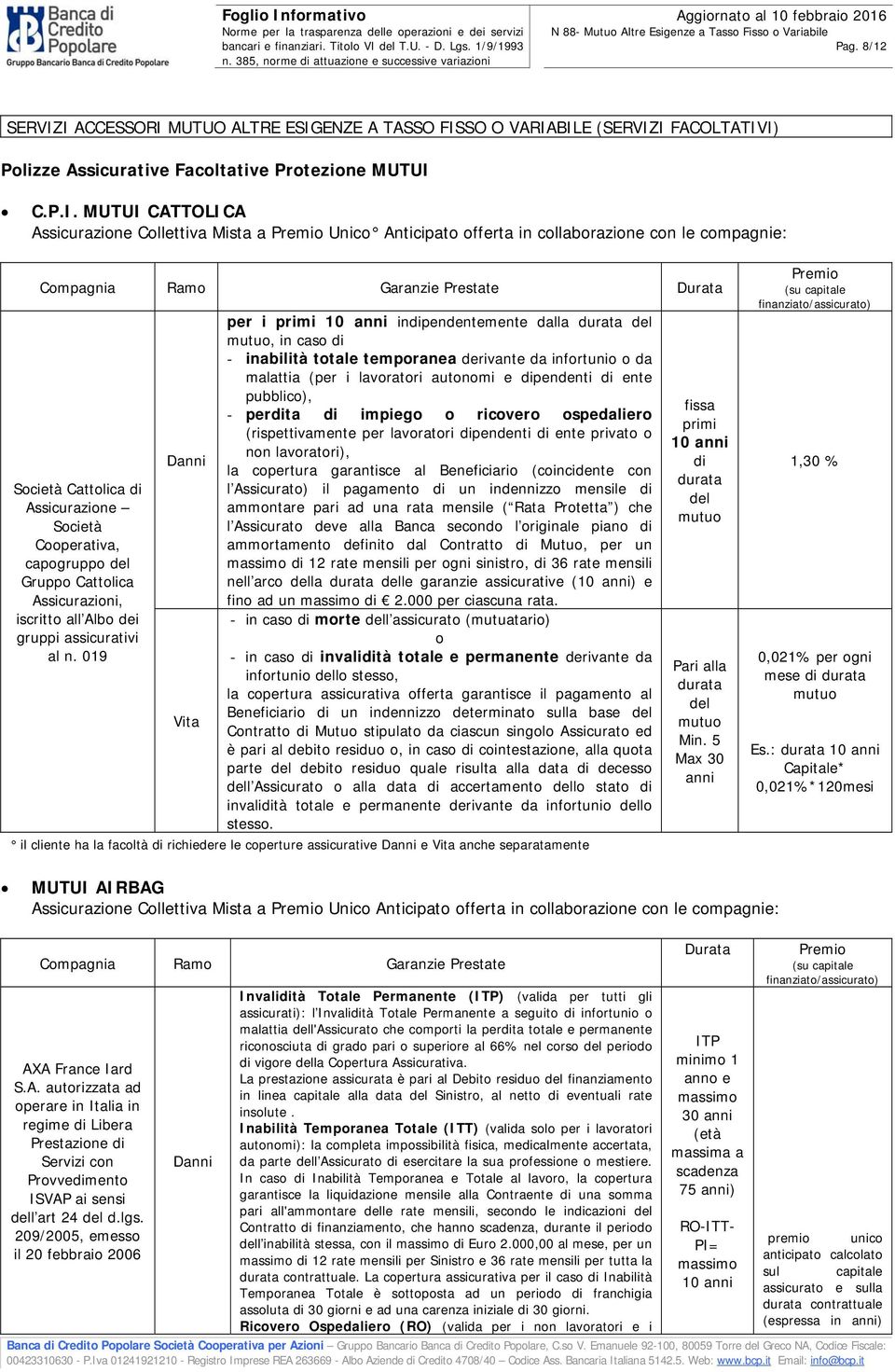 Anticipato offerta in collaborazione con le compagnie: Compagnia Ramo Garanzie Prestate Durata Società Cattolica di Assicurazione Società Cooperativa, capogruppo del Gruppo Cattolica Assicurazioni,