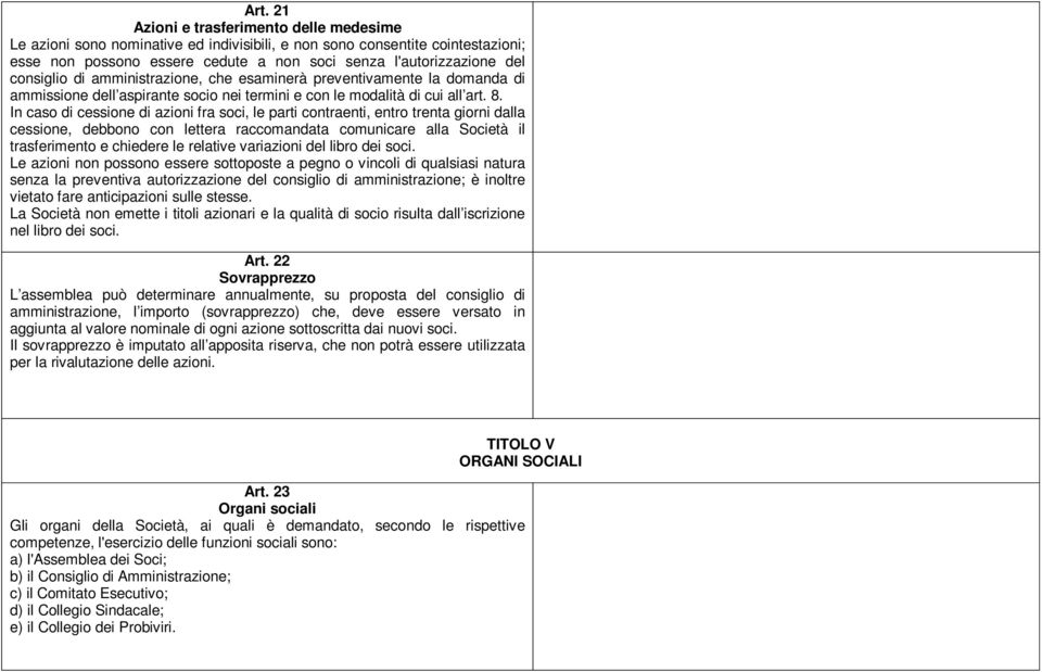 In caso di cessione di azioni fra soci, le parti contraenti, entro trenta giorni dalla cessione, debbono con lettera raccomandata comunicare alla Società il trasferimento e chiedere le relative