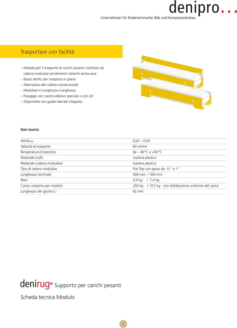 m/min Temperatura d esercizio da 40 C a +50 C Materiale (rulli) materia plastica Materiale (catena modulare) materia plastica Tipo di catena modulare Flat Top con passo da ½" o 1" Lunghezza nominale