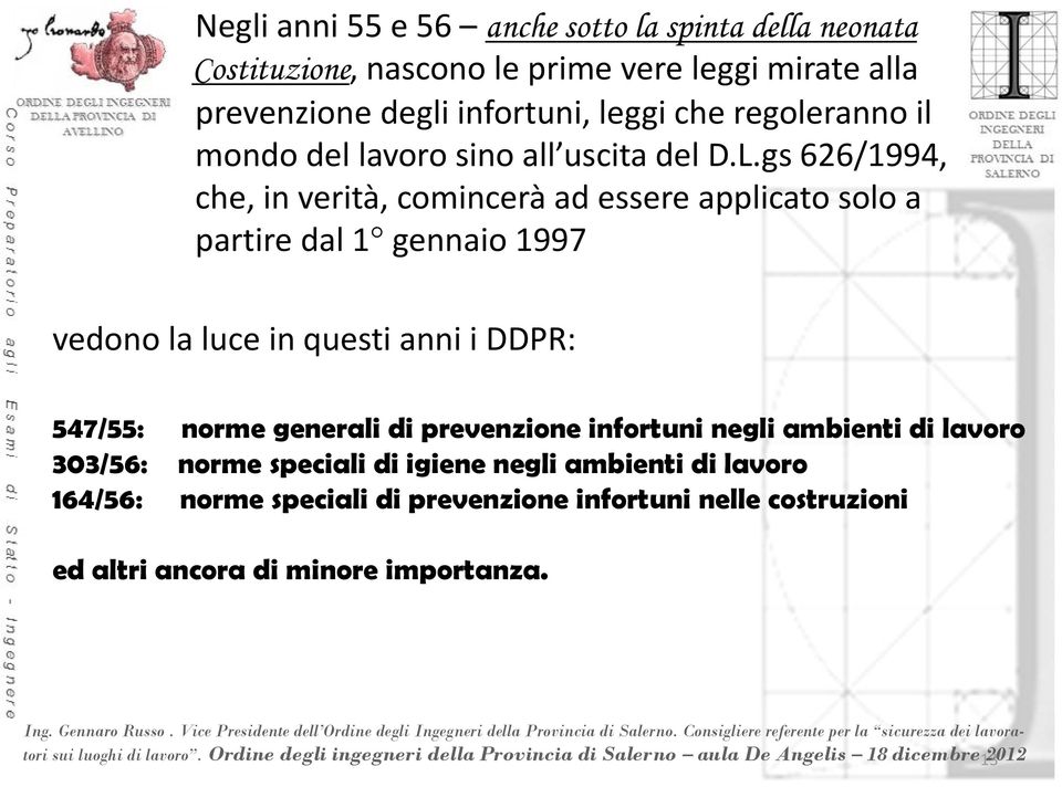 gs 626/1994, che, in verità, comincerà ad essere applicato solo a partire dal 1 gennaio 1997 vedono la luce in questi anni i DDPR: 547/55: