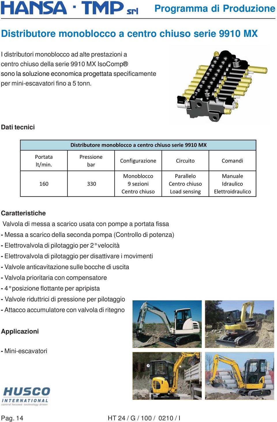 Distributore monoblocco a centro chiuso serie 9910 MX 160 330 Monoblocco 9 sezioni Centro chiuso Parallelo Centro chiuso Load sensing Elettroidraulico Caratteristiche Valvola di messa a scarico usata