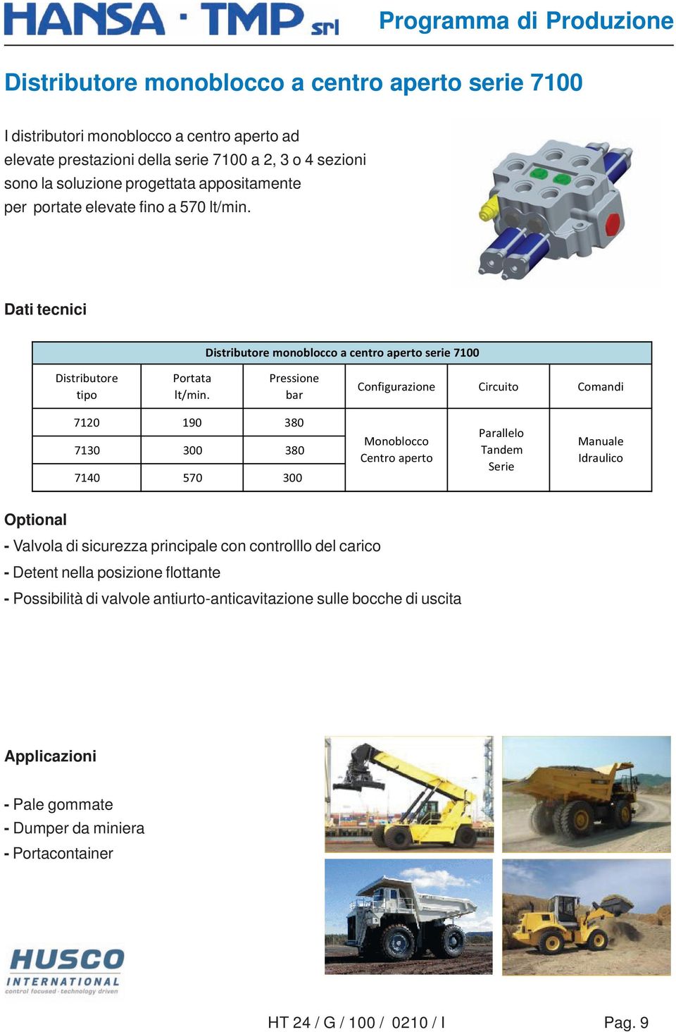 7140 570 300 Monoblocco Centro aperto Parallelo Tandem Serie Optional - Valvola di sicurezza principale con controlllo del carico - Detent nella posizione