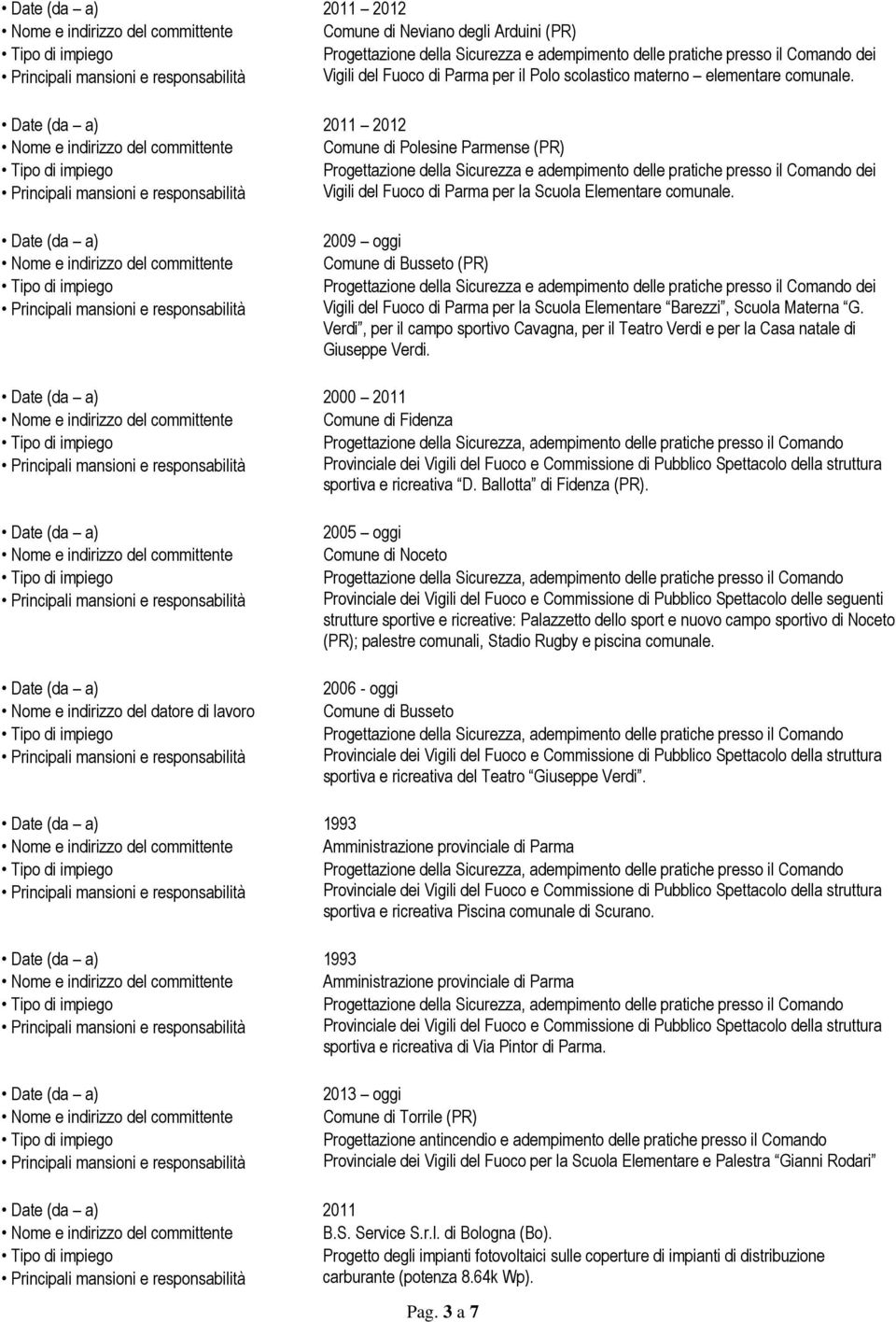 2009 oggi Comune di Busseto (PR) Vigili del Fuoco di Parma per la Scuola Elementare Barezzi, Scuola Materna G.