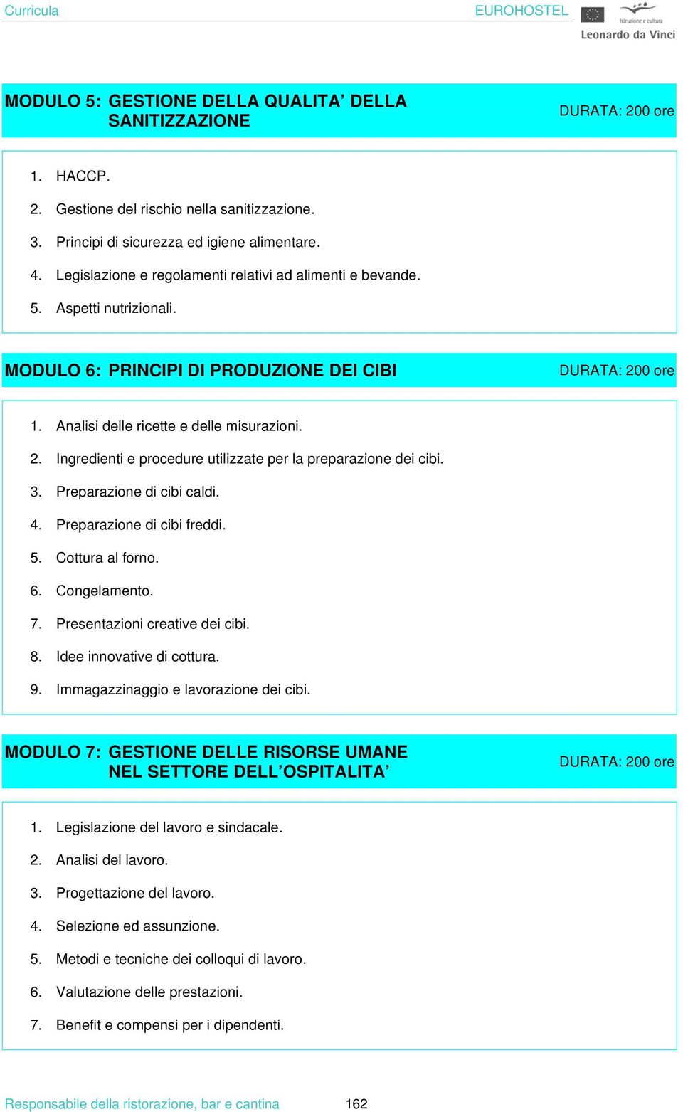 Ingredienti e procedure utilizzate per la preparazione dei cibi. 3. Preparazione di cibi caldi. 4. Preparazione di cibi freddi. 5. Cottura al forno. 6. Congelamento. 7.