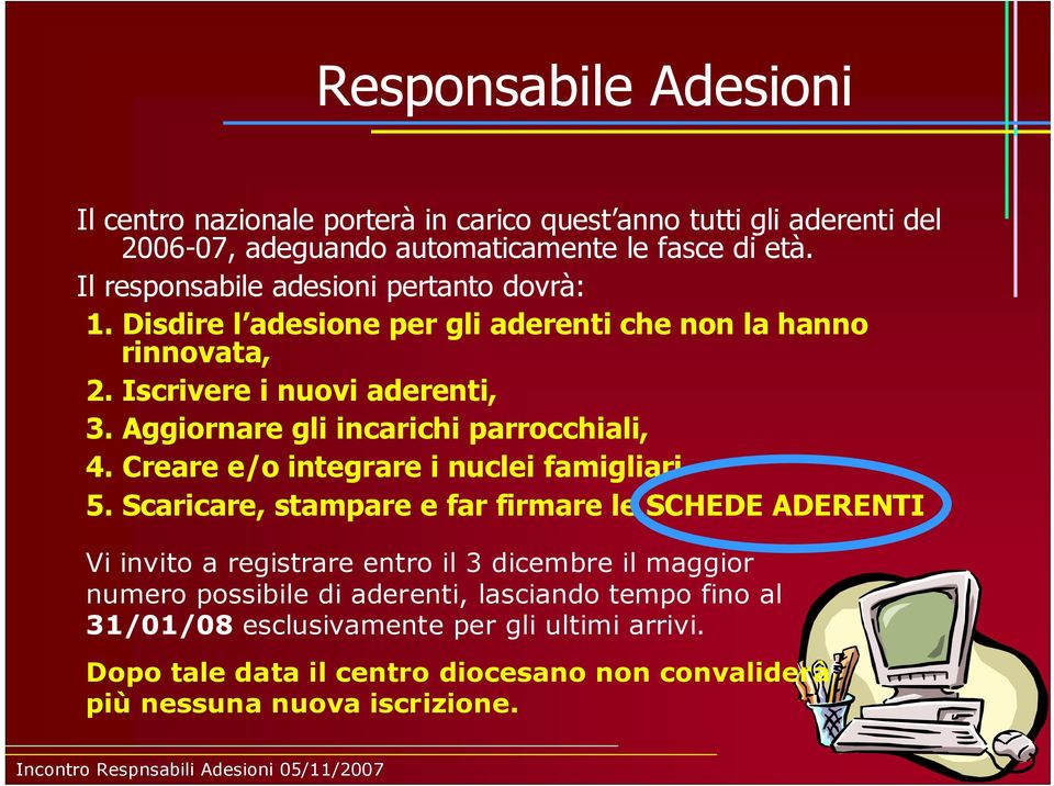 Aggiornare gli incarichi parrocchiali, 4. Creare e/o integrare i nuclei famigliari 5.