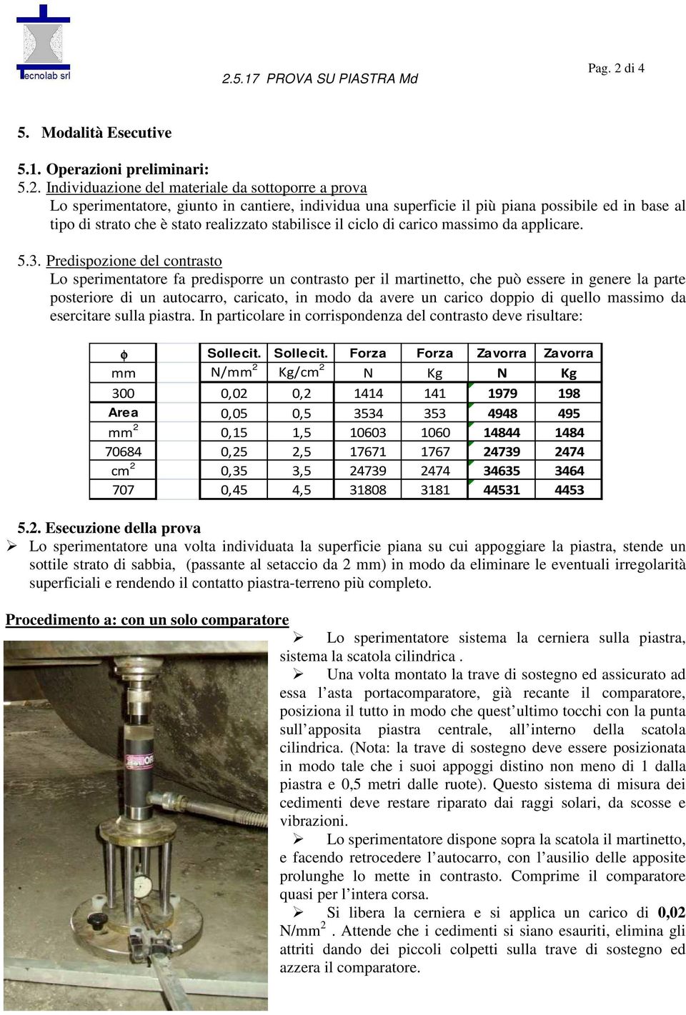 Predispozione del contrasto Lo sperimentatore fa predisporre un contrasto per il martinetto, che può essere in genere la parte posteriore di un autocarro, caricato, in modo da avere un carico doppio