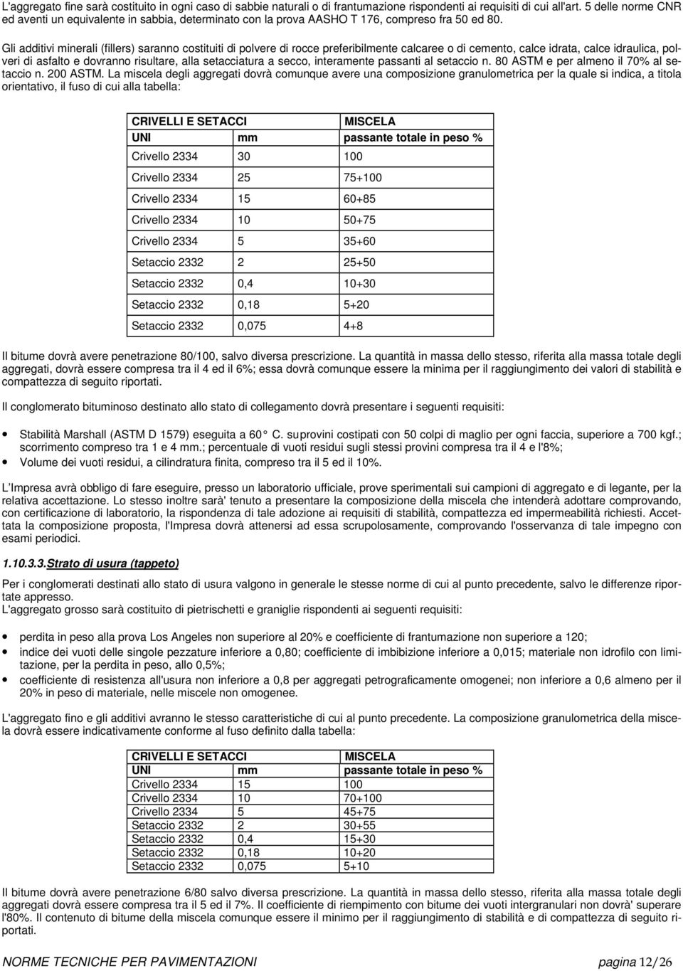 Gli additivi minerali (fillers) saranno costituiti di polvere di rocce preferibilmente calcaree o di cemento, calce idrata, calce idraulica, polveri di asfalto e dovranno risultare, alla setacciatura