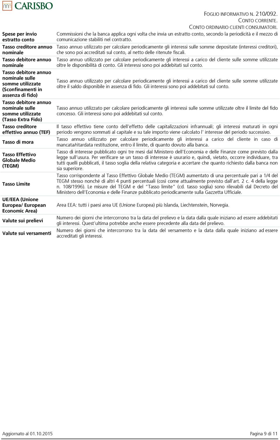 Economic Area) Valute sui prelievi Valute sui versamenti FOGLIO INFORMATIVO N. 210/092.