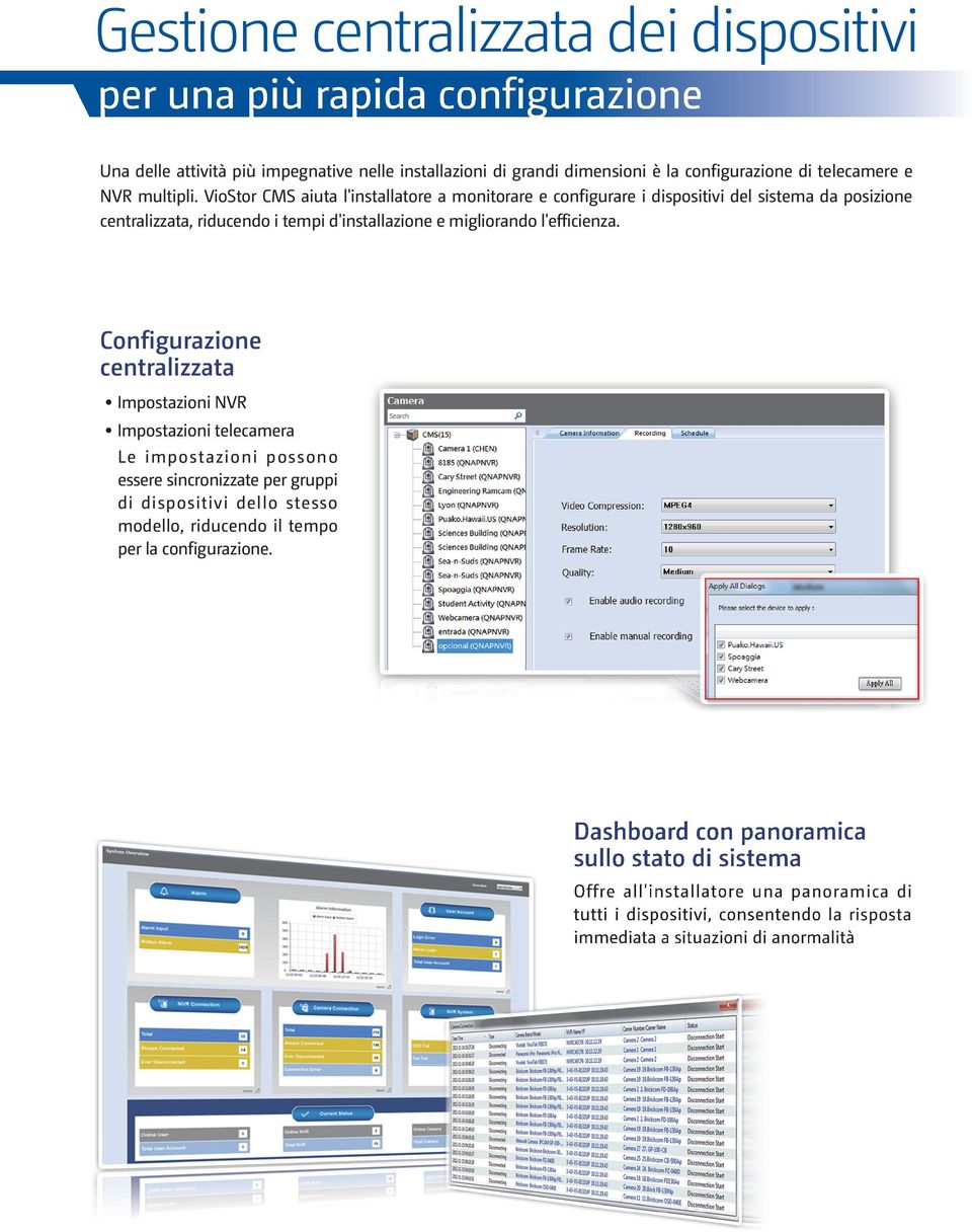 VioStor CMS aiuta l'installatore a monitorare e configurare i dispositivi del sistema da posizione centralizzata, riducendo i tempi d'installazione e migliorando l'efficienza.