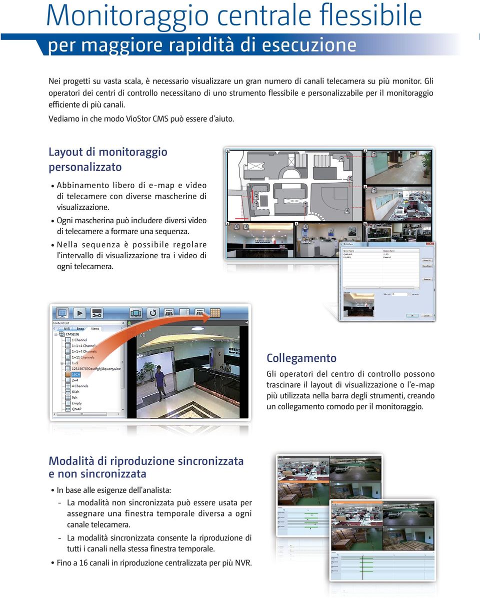 Layout di monitoraggio personalizzato Abbinamento libero di e-map e video di telecamere con diverse mascherine di visualizzazione.