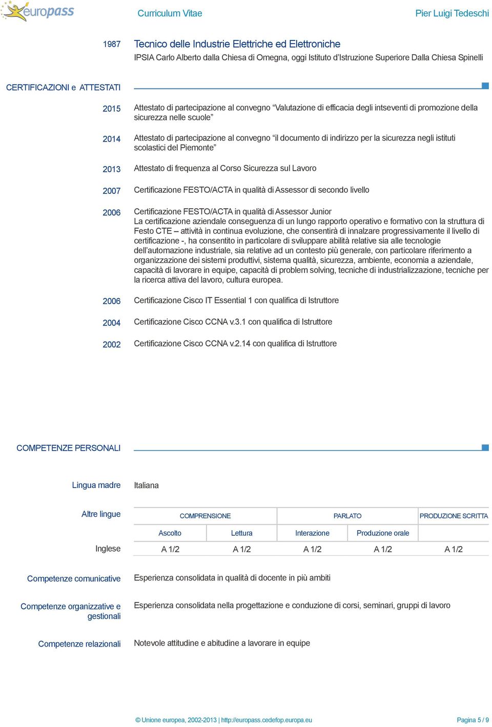 la sicurezza negli istituti scolastici del Piemonte 2013 Attestato di frequenza al Corso Sicurezza sul Lavoro 2007 Certificazione FESTO/ACTA in qualità di Assessor di secondo livello 2006