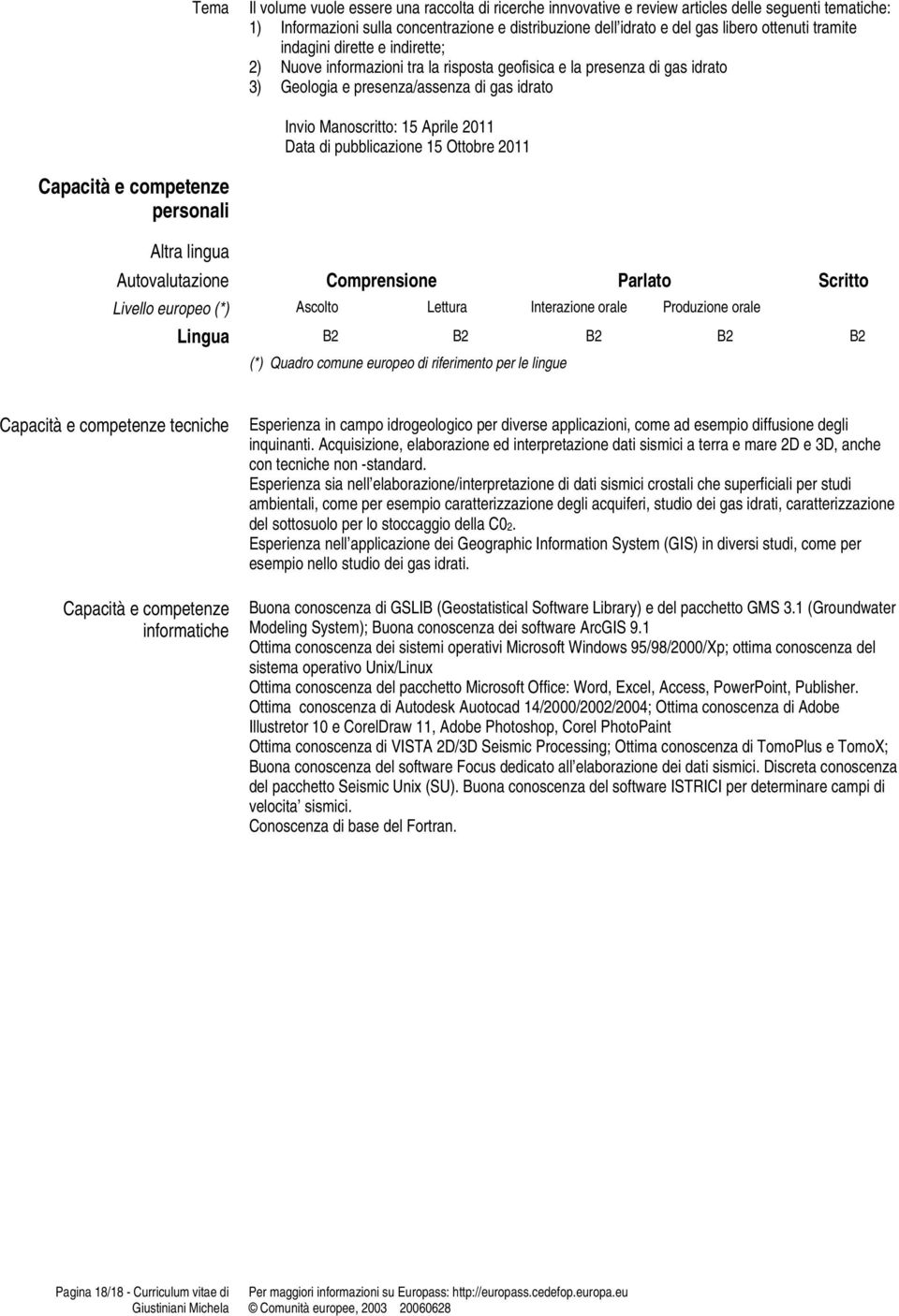 di pubblicazione 15 Ottobre 2011 Capacità e competenze personali Altra lingua Autovalutazione Comprensione Parlato Scritto Livello europeo (*) Ascolto Lettura Interazione orale Produzione orale