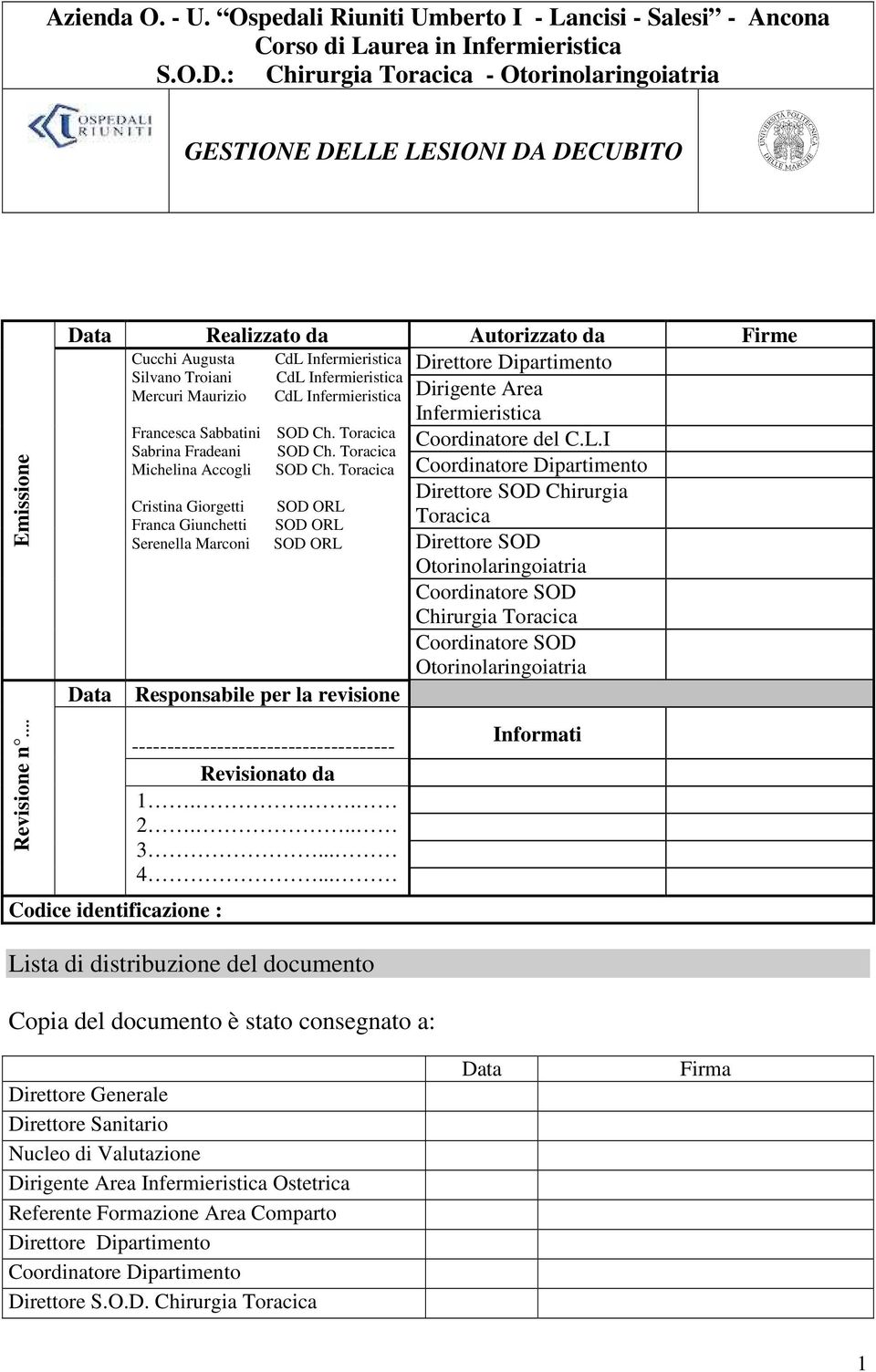 Infermieristica Francesca Sabbatini SOD Ch. Toracica Coordinatore del C.L.I Sabrina Fradeani SOD Ch. Toracica Michelina Accogli SOD Ch.