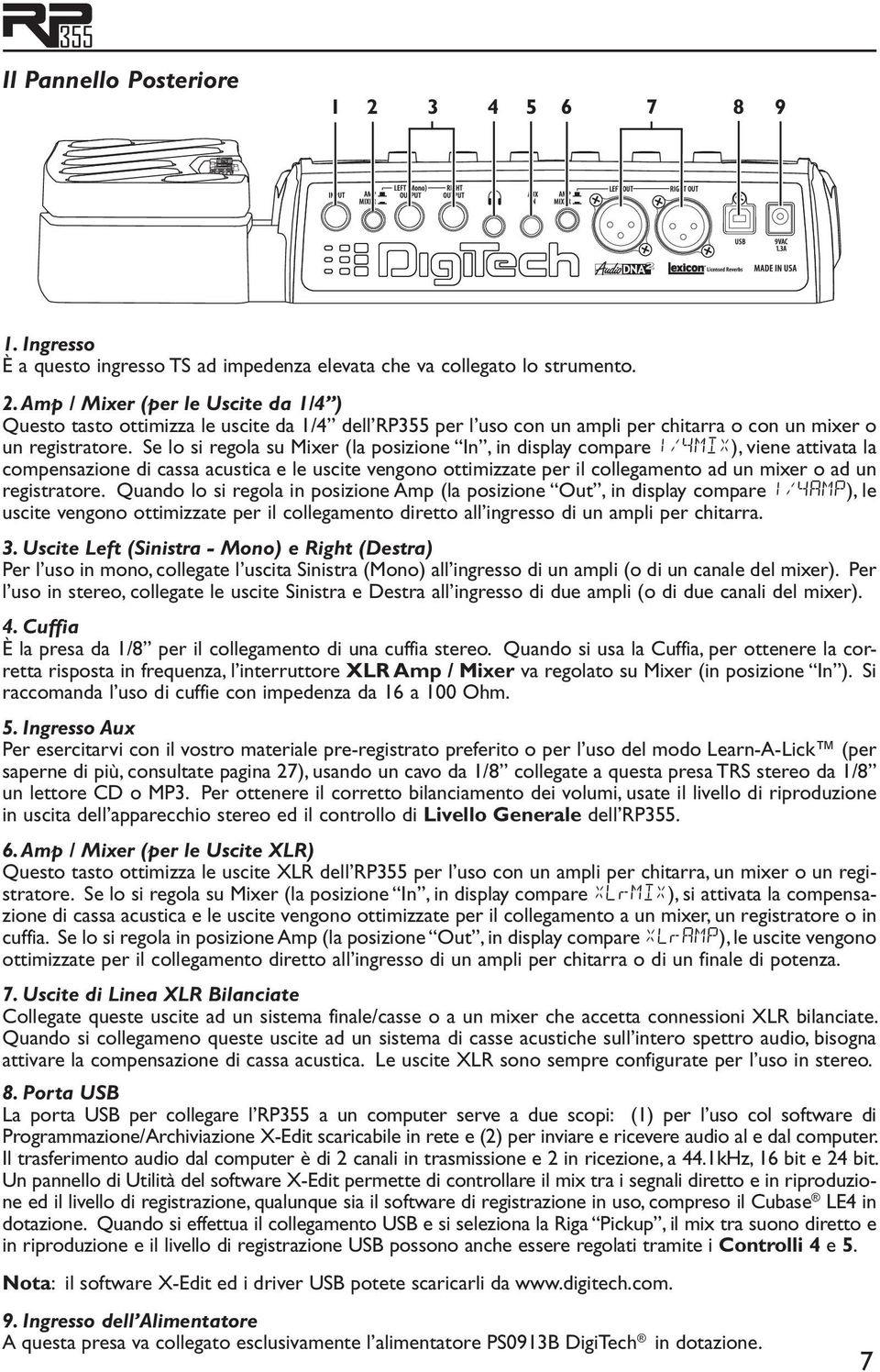 registratore. Quando lo si regola in posizione Amp (la posizione Out, in display compare 1/4AMP), le uscite vengono ottimizzate per il collegamento diretto all ingresso di un ampli per chitarra. 3.