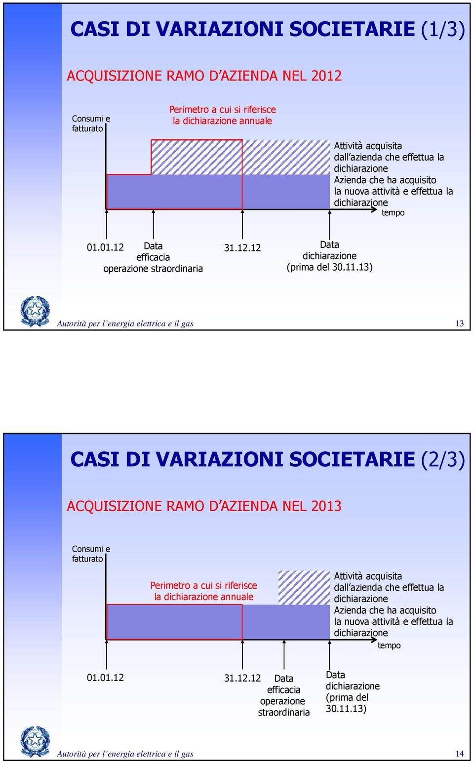 13) Autorità per l energia elettrica e il gas 13 CASI DI VARIAZIONI SOCIETARIE (2/3) ACQUISIZIONE RAMO D AZIENDA NEL 2013 Consumi e fatturato Perimetro a cui si riferisce la annuale