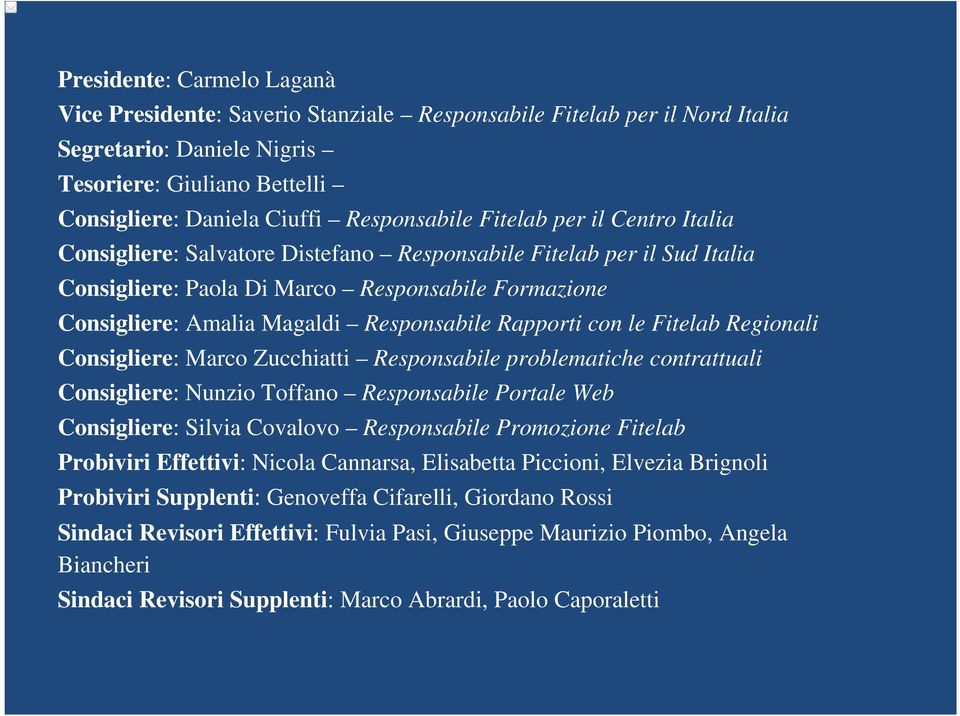 Rapporti con le Fitelab Regionali Consigliere: Marco Zucchiatti Responsabile problematiche contrattuali Consigliere: Nunzio Toffano Responsabile Portale Web Consigliere: Silvia Covalovo Responsabile