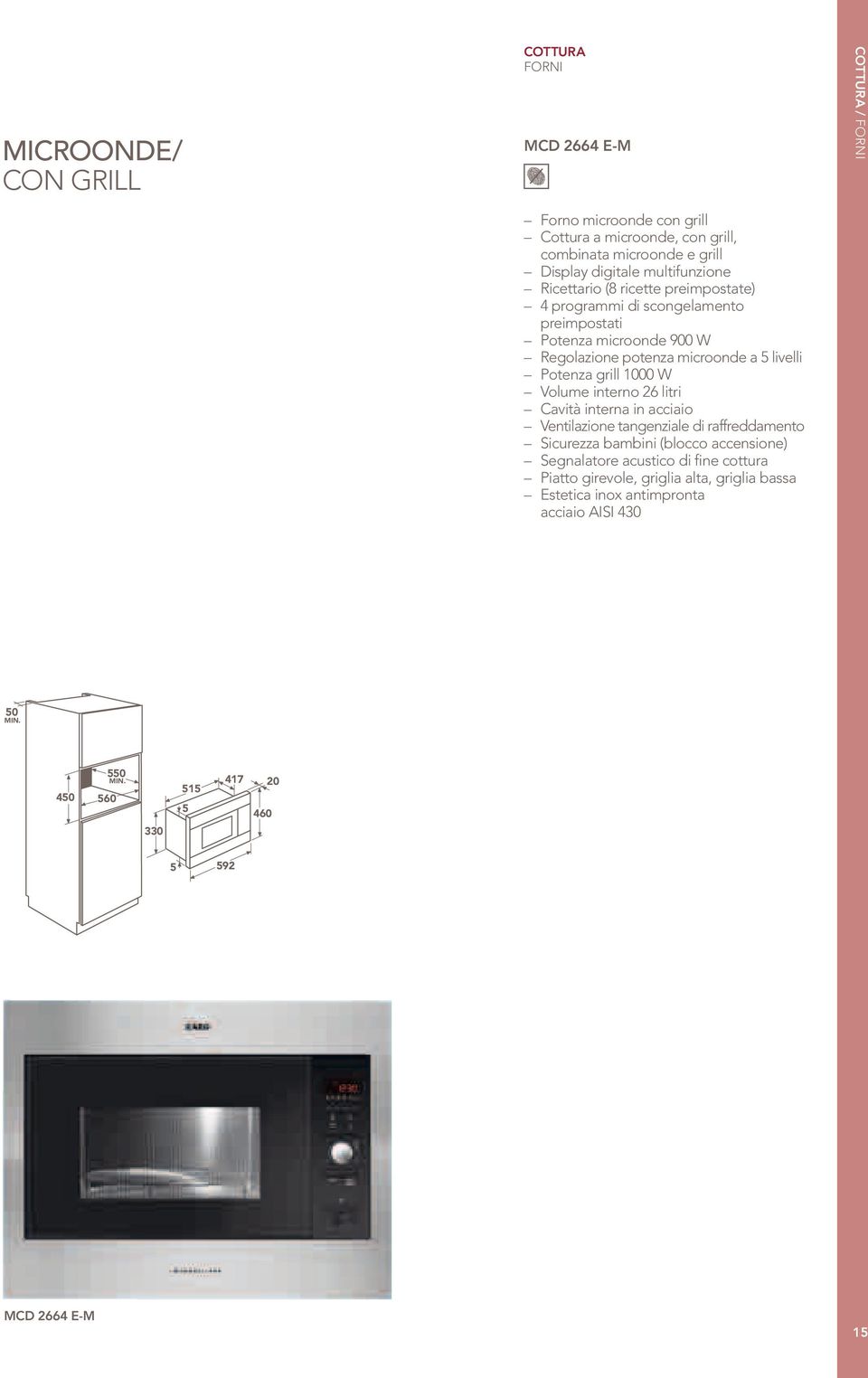 volume interno 26 litri cavità interna in acciaio ventilazione tangenziale di raffreddamento sicurezza bambini (blocco accensione) segnalatore acustico di fine