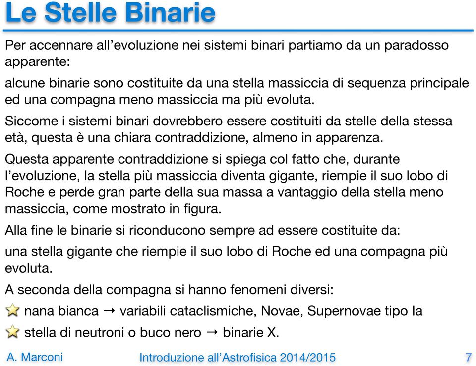 Questa apparente contraddizione si spiega col fatto che, durante l evoluzione, la stella più massiccia diventa gigante, riempie il suo lobo di Roche e perde gran parte della sua massa a vantaggio