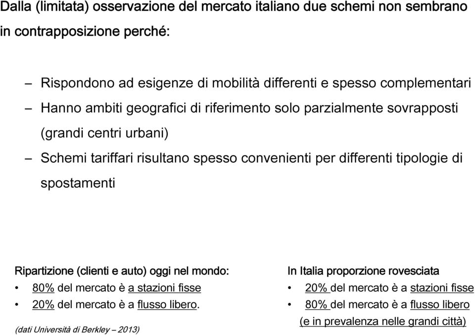 differenti tipologie di spostamenti Ripartizione (clienti e auto) oggi nel mondo: 80% del mercato è a stazioni fisse 20% del mercato è a flusso libero.