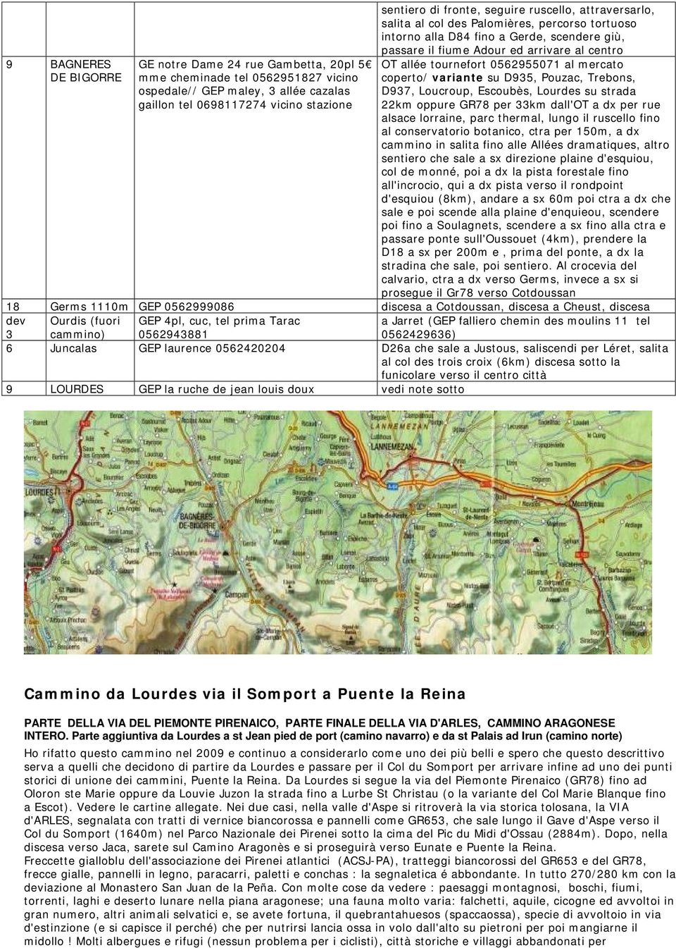 0562955071 al mercato coperto/ variante su D935, Pouzac, Trebons, D937, Loucroup, Escoubès, Lourdes su strada 22km oppure GR78 per 33km dall'ot a dx per rue alsace lorraine, parc thermal, lungo il