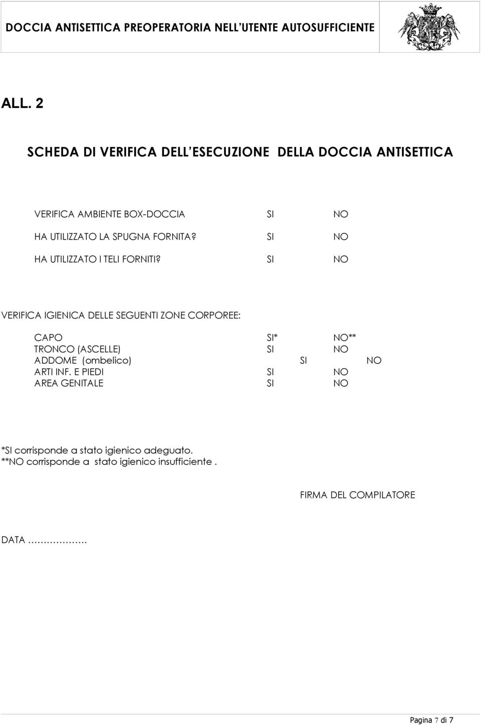 SI NO VEIFICA IGIENICA DELLE SEGUENTI ZONE COPOEE: CAPO SI* NO** TONCO (ASCELLE) SI NO ADDOME (ombelico) SI NO