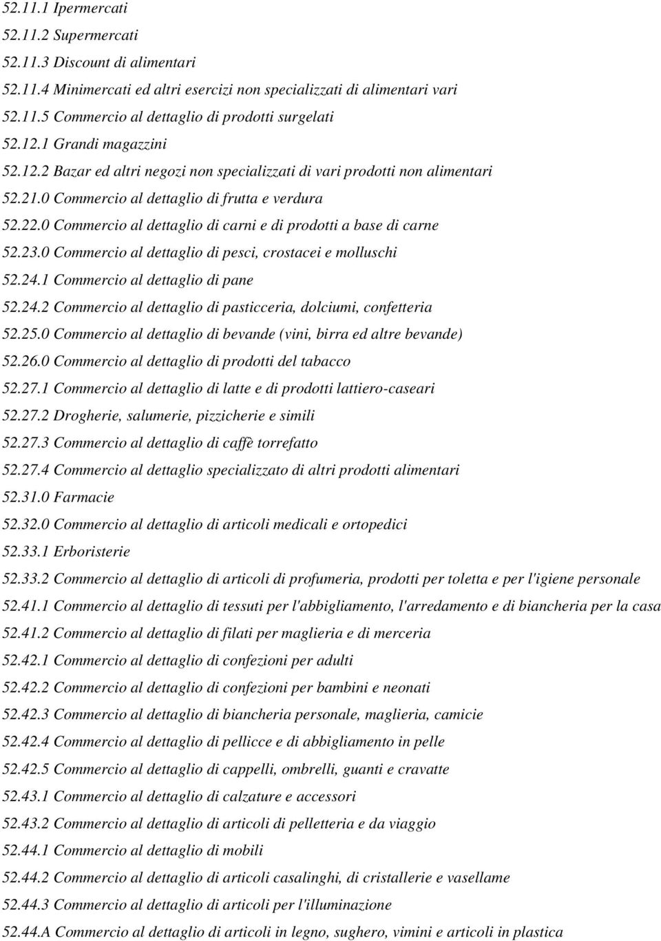 0 Commercio al dettaglio di carni e di prodotti a base di carne 52.23.0 Commercio al dettaglio di pesci, crostacei e molluschi 52.24.1 Commercio al dettaglio di pane 52.24.2 Commercio al dettaglio di pasticceria, dolciumi, confetteria 52.
