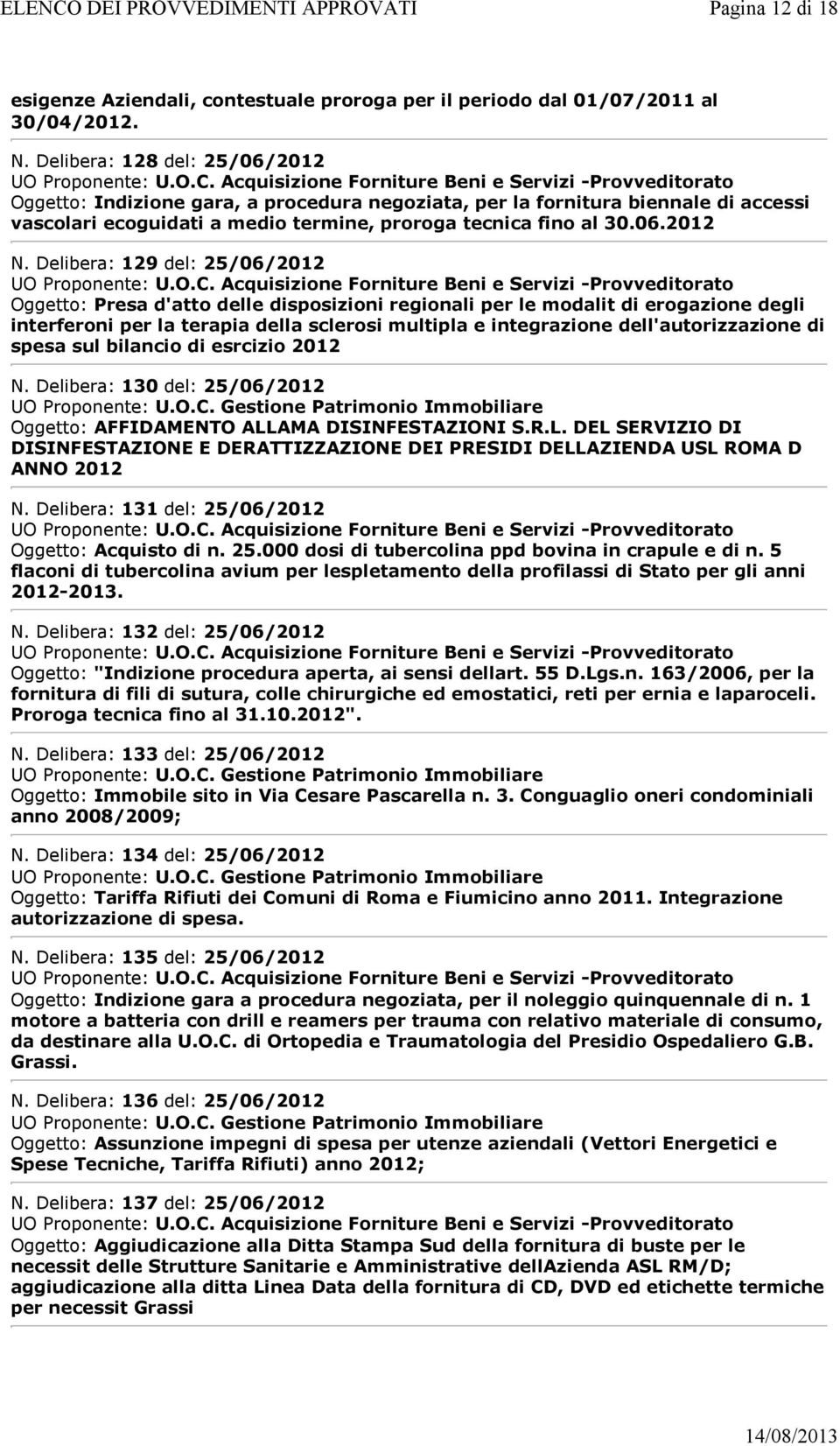 Delibera: 129 del: 25/06/2012 Oggetto: Presa d'atto delle disposizioni regionali per le modalit di erogazione degli interferoni per la terapia della sclerosi multipla e integrazione