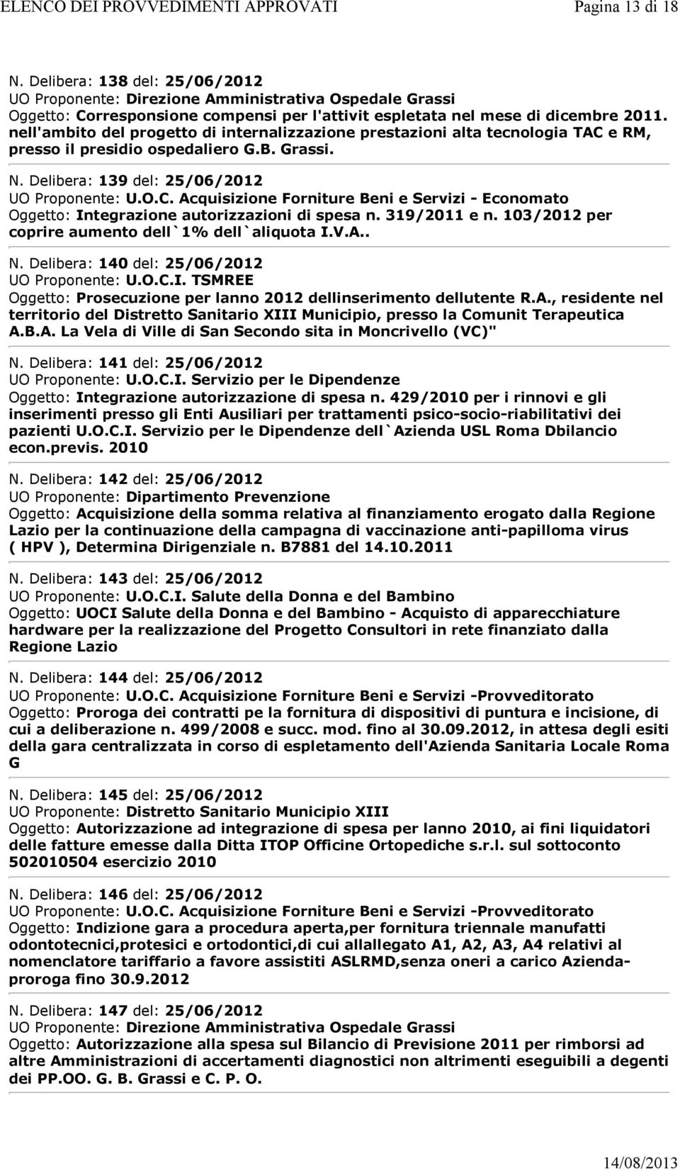 319/2011 e n. 103/2012 per coprire aumento dell`1% dell`aliquota I.V.A.. N. Delibera: 140 del: 25/06/2012 UO Proponente: U.O.C.I. TSMREE Oggetto: Prosecuzione per lanno 2012 dellinserimento dellutente R.