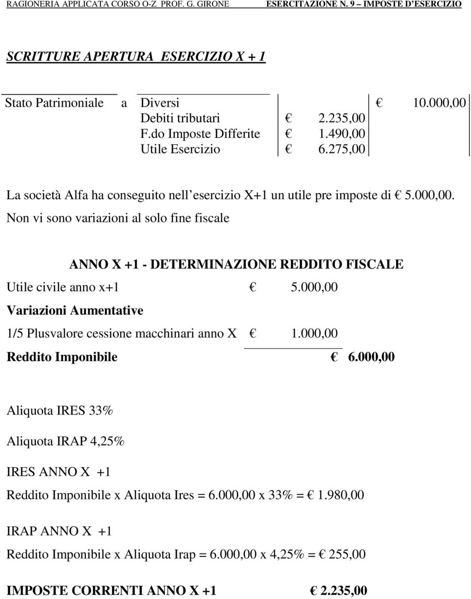 Non vi sono variazioni al solo fine fiscale ANNO X +1 - DETERMINAZIONE REDDITO FISCALE Utile civile anno x+1 5.