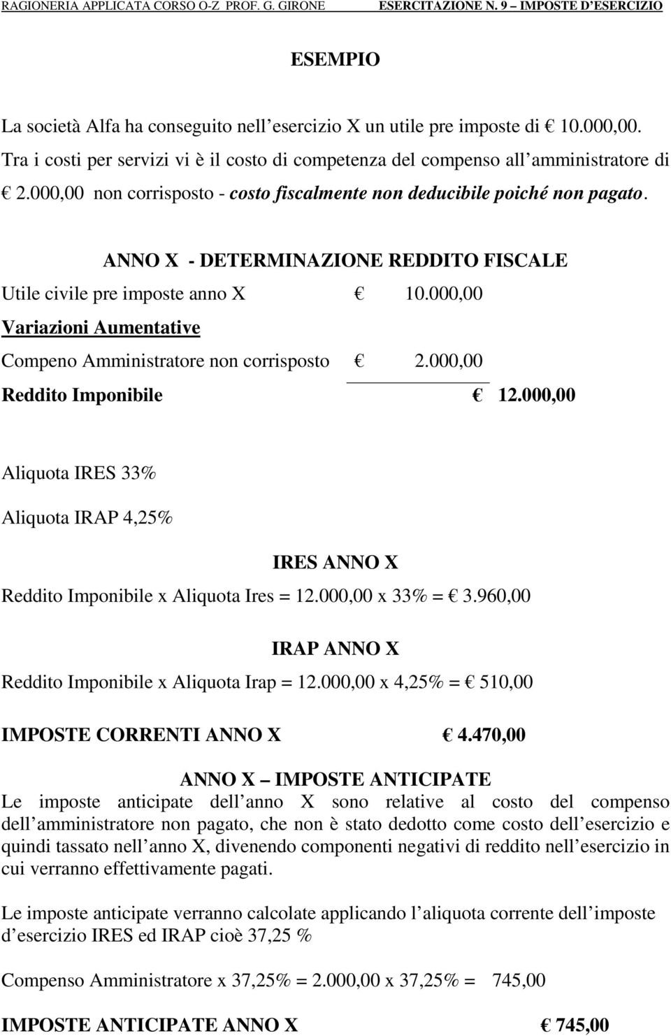 000,00 Variazioni Aumentative Compeno Amministratore non corrisposto 2.000,00 Reddito Imponibile 12.000,00 Aliquota IRES 33% Aliquota IRAP 4,25% IRES ANNO X Reddito Imponibile x Aliquota Ires = 12.