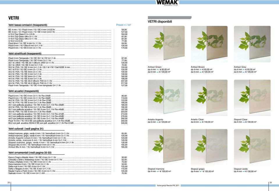 .. 64,00 Float 6 mm / 16 / Ultra 6 mm U=1,1 Ar... 120,00 Float 8 mm / 16 / BE 8 mm U=1,1 Ar... 174,00 Vetri stratificati (trasparenti) Float 4 mm Temperato / 16 / BE 33.1 kl. O2 U=1,1 Ar.