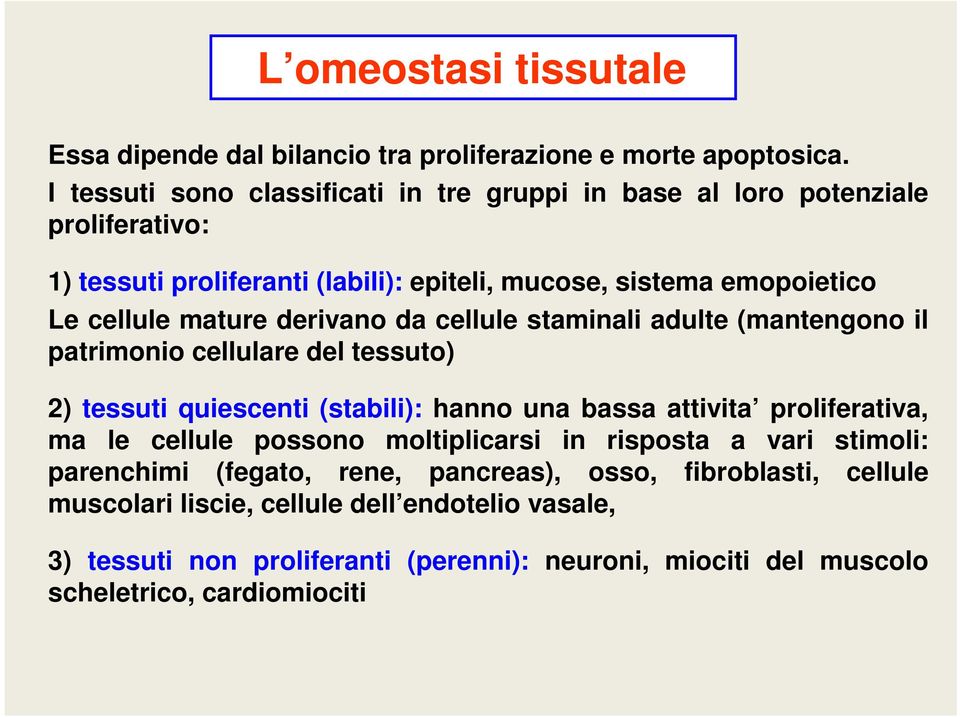 derivano da cellule staminali adulte (mantengono il patrimonio cellulare del tessuto) 2) tessuti quiescenti (stabili): hanno una bassa attivita proliferativa, ma le cellule