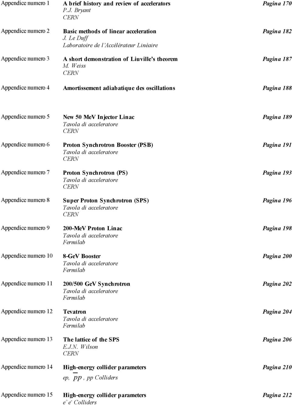 Weiss Appendice numero 4 Amortissement adiabatique des oscillations Pagina 188 Appendice numero 5 New 50 MeV Injector Linac Pagina 189 Appendice numero 6 Proton Synchrotron Booster (PSB) Pagina 191