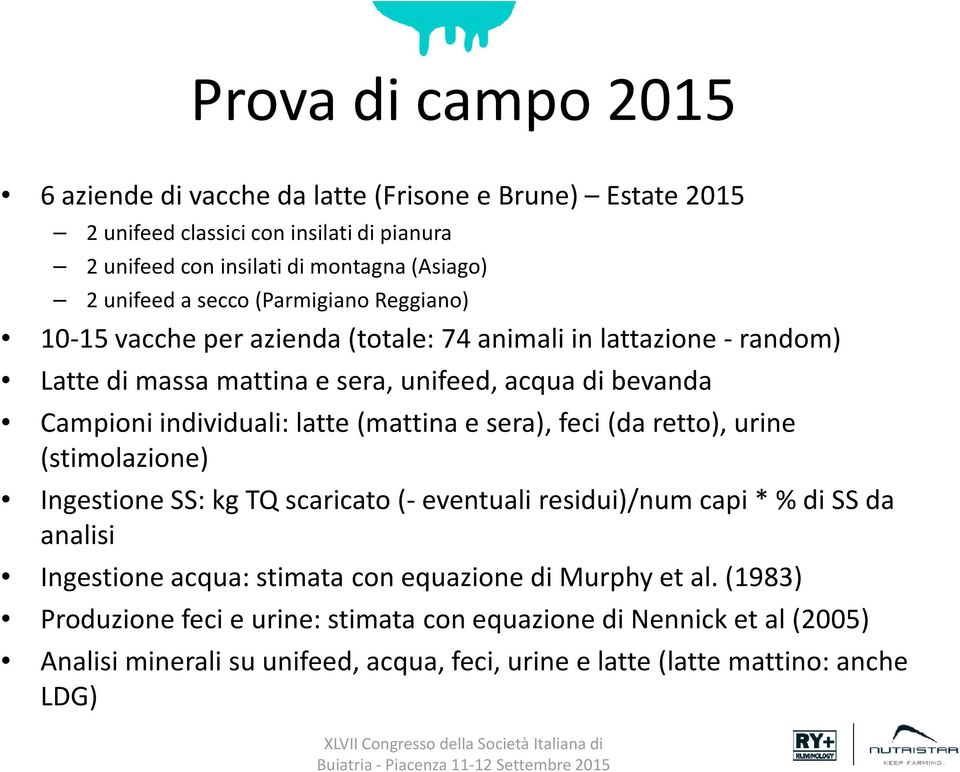 urine (stimolazione) Ingestione SS: kg TQ scaricato (-eventuali residui)/numcapi * % di SS da analisi Ingestione acqua: stimata con equazione di Murphy et al.