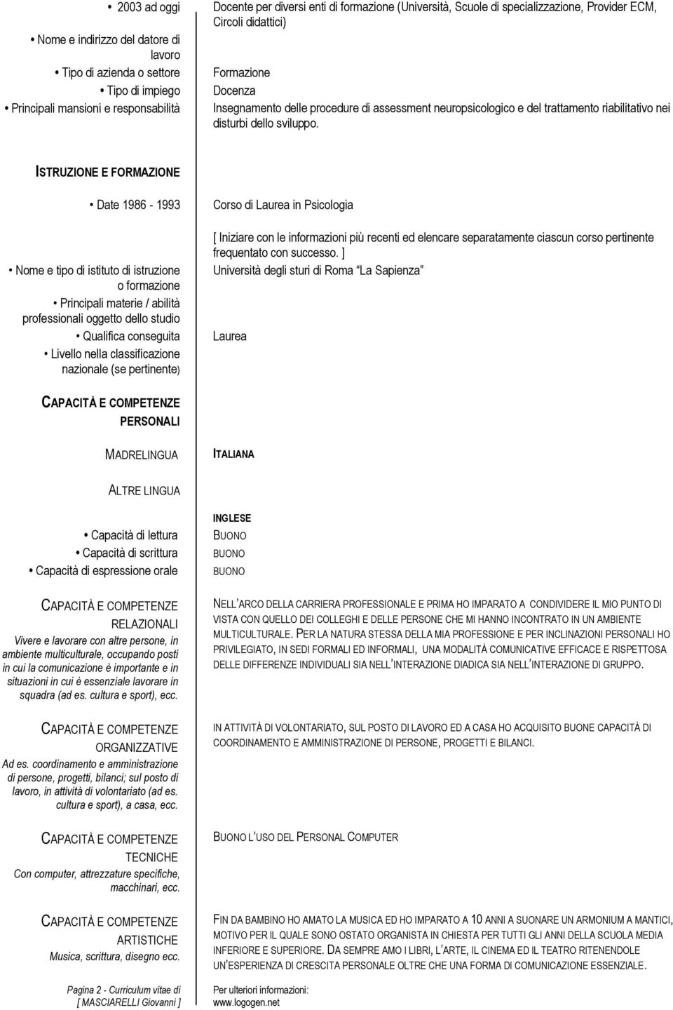 ISTRUZIONE E FORMAZIONE Date 1986-1993 Nome e tipo di istituto di istruzione o formazione Principali materie / abilità professionali oggetto dello studio Livello nella classificazione nazionale (se