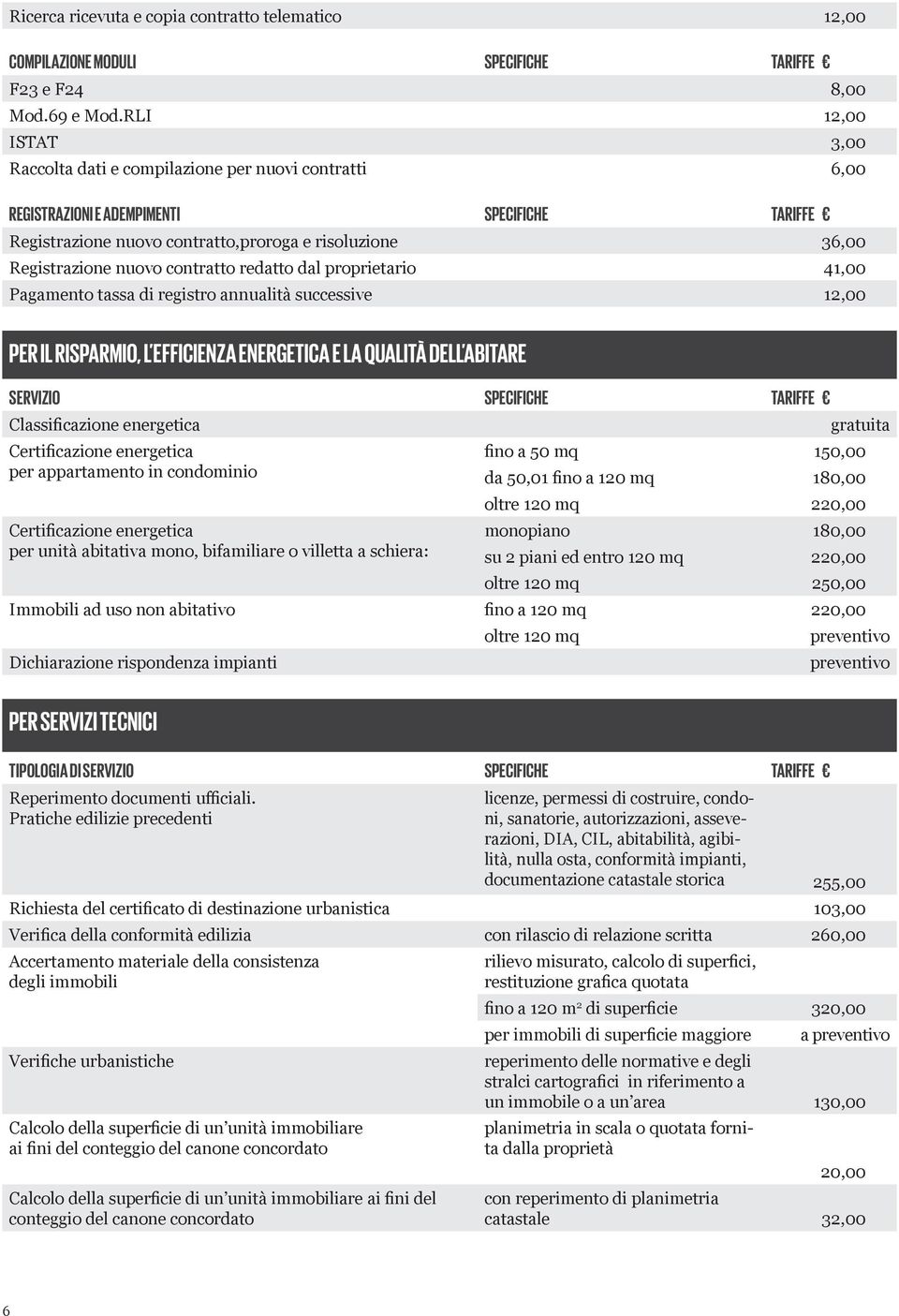 contratto redatto dal proprietario 41,00 Pagamento tassa di registro annualità successive 12,00 PER IL RISPARMIO, L EFFICIENZA ENERGETICA E LA QUALITÀ DELL ABITARE SERVIZIO SPECIFICHE TARIFFE