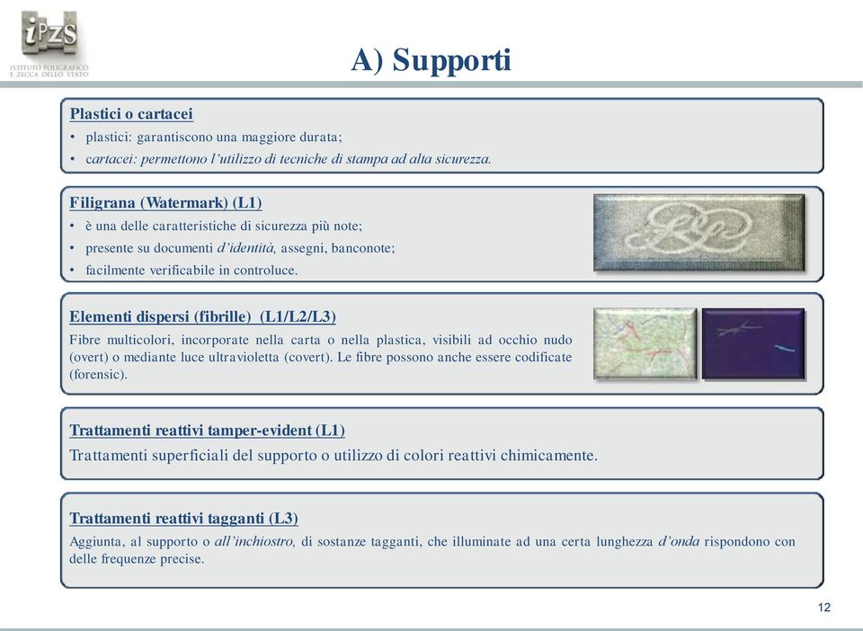 Elementi dispersi (fibrille) (L1/L2/L3) Fibre multicolori, incorporate nella carta o nella plastica, visibili ad occhio nudo (overt) o mediante luce ultravioletta (covert).