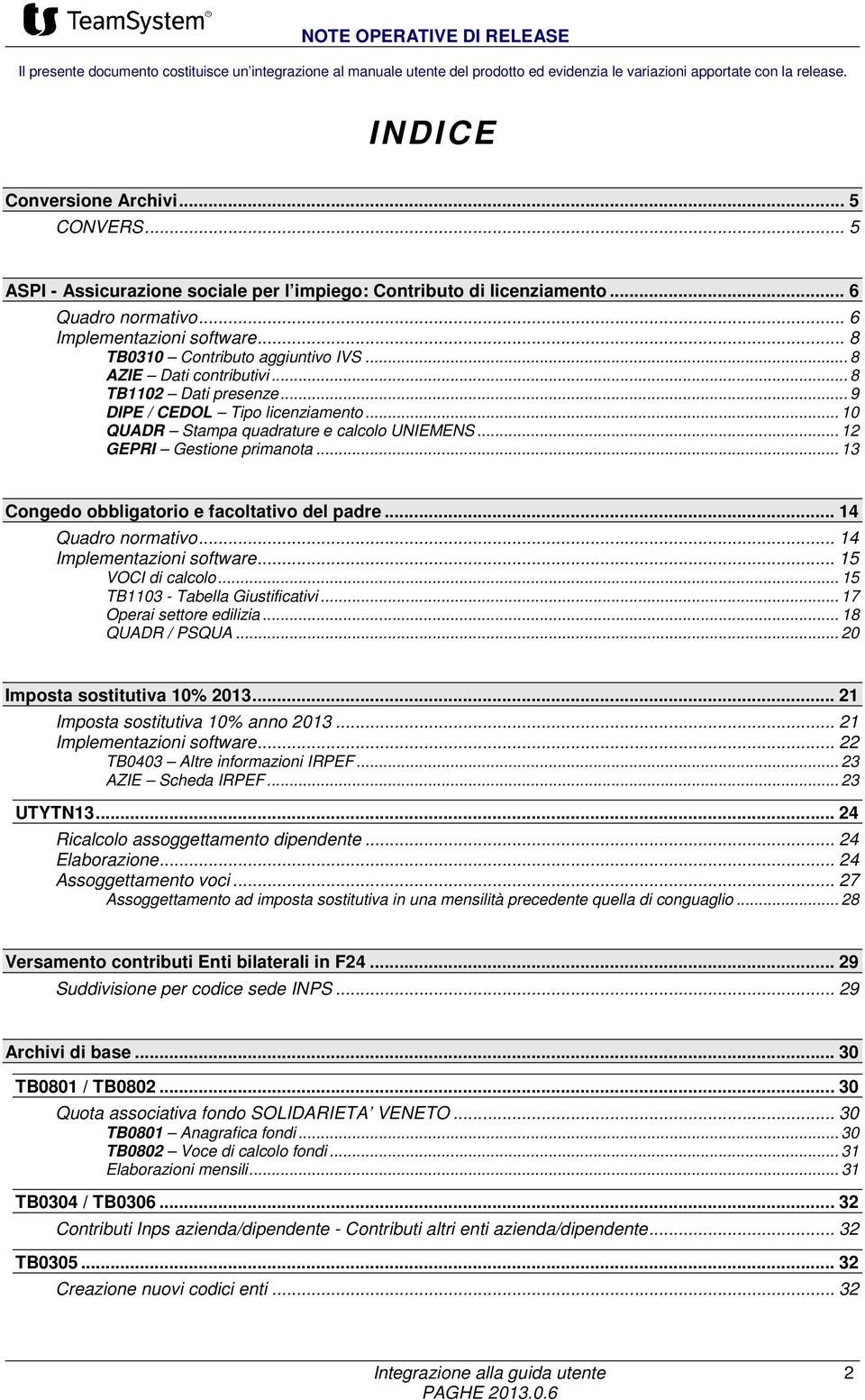 .. 8 TB1102 Dati presenze... 9 DIPE / CEDOL Tipo licenziamento... 10 QUADR Stampa quadrature e calcolo UNIEMENS... 12 GEPRI Gestione primanota... 13 Congedo obbligatorio e facoltativo del padre.