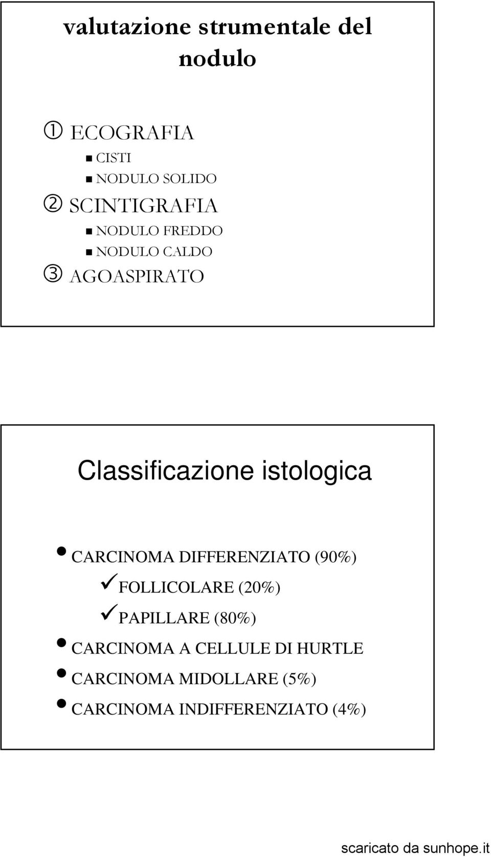 istologica CARCINOMA DIFFERENZIATO (90%) FOLLICOLARE (20%) PAPILLARE