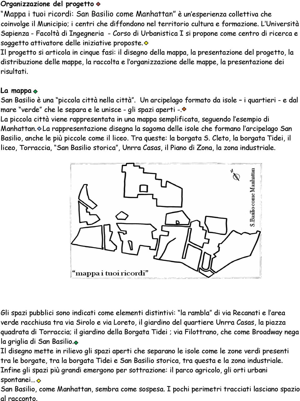 Il progetto si articola in cinque fasi: il disegno della mappa, la presentazione del progetto, la distribuzione delle mappe, la raccolta e l organizzazione delle mappe, la presentazione dei risultati.