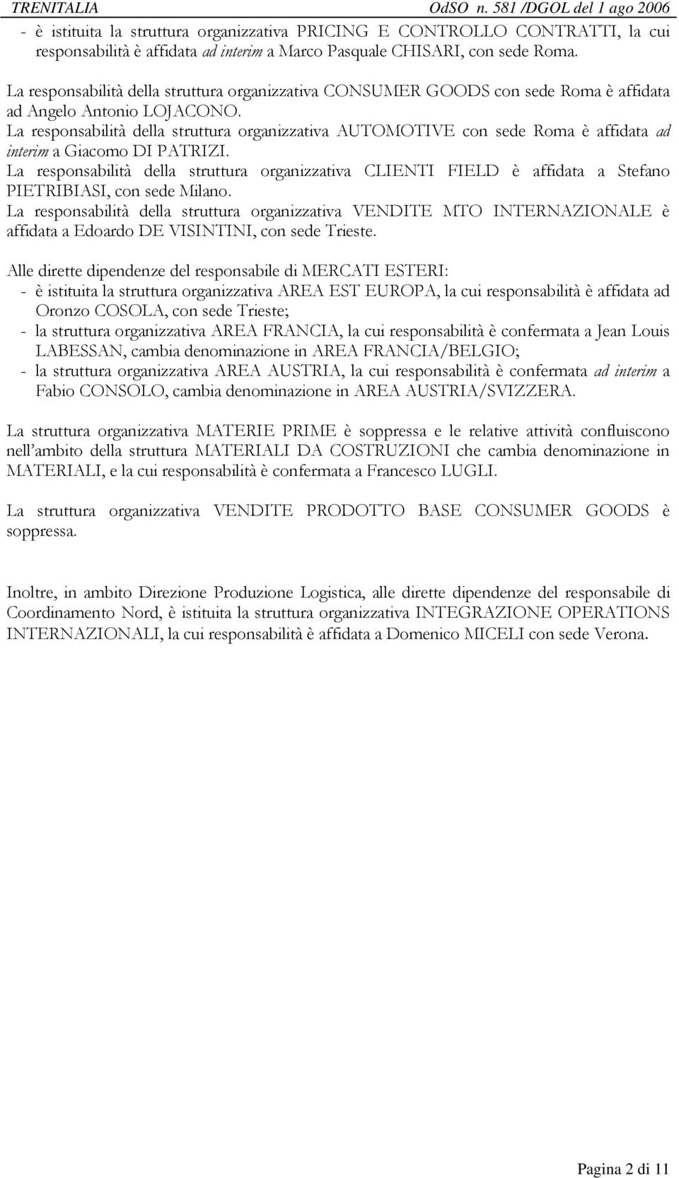 La responsabilità della struttura organizzativa AUTOMOTIVE con sede Roma è affidata ad interim a Giacomo DI PATRIZI.