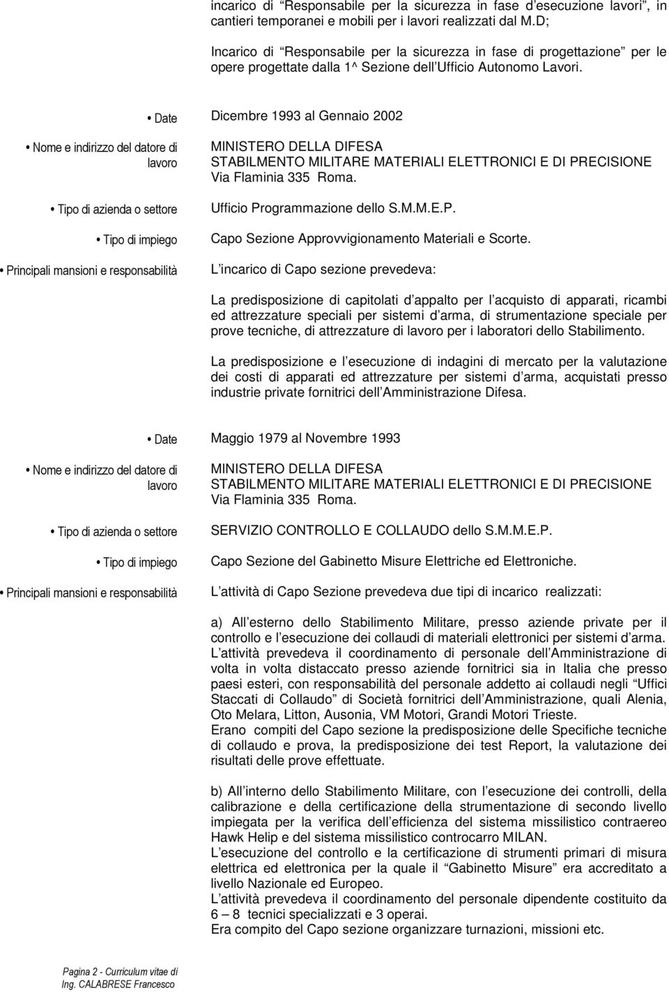 Date Dicembre 1993 al Gennaio 2002 Nome e indirizzo del datore di lavoro Tipo di azienda o settore Tipo di impiego Principali mansioni e responsabilità MINISTERO DELLA DIFESA STABILMENTO MILITARE