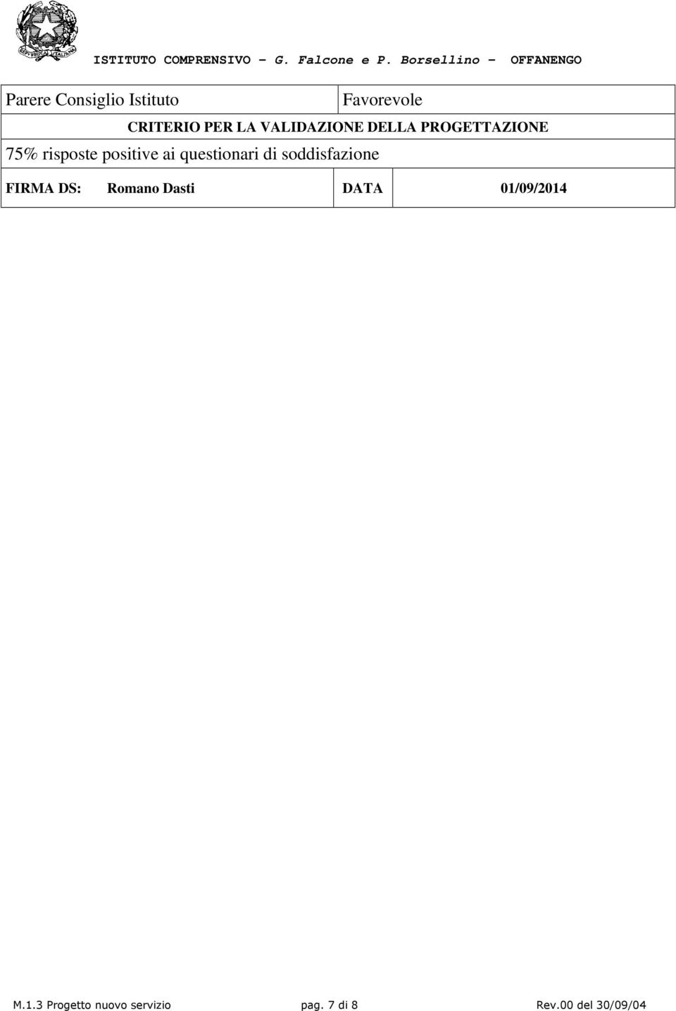 questionari di soddisfazione FIRMA DS: Romano Dasti DATA