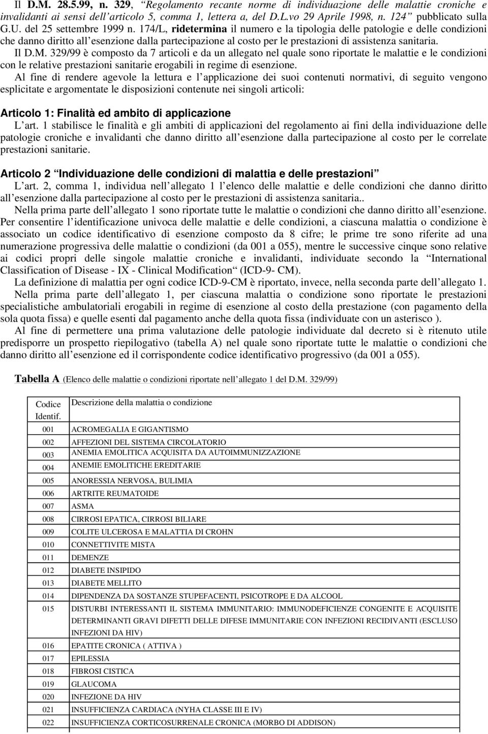 174/L, ridetermina il numero e la tipologia delle patologie e delle condizioni che danno diritto all esenzione dalla partecipazione al costo per le prestazioni di assistenza sanitaria. Il D.M.