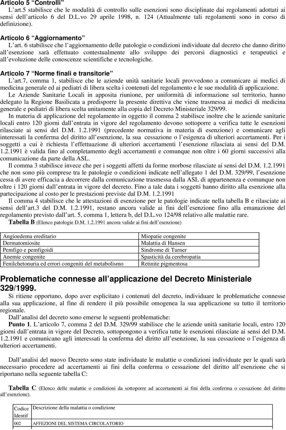 6 stabilisce che l aggiornamento delle patologie o condizioni individuate dal decreto che danno diritto all esenzione sarà effettuato contestualmente allo sviluppo dei percorsi diagnostici e