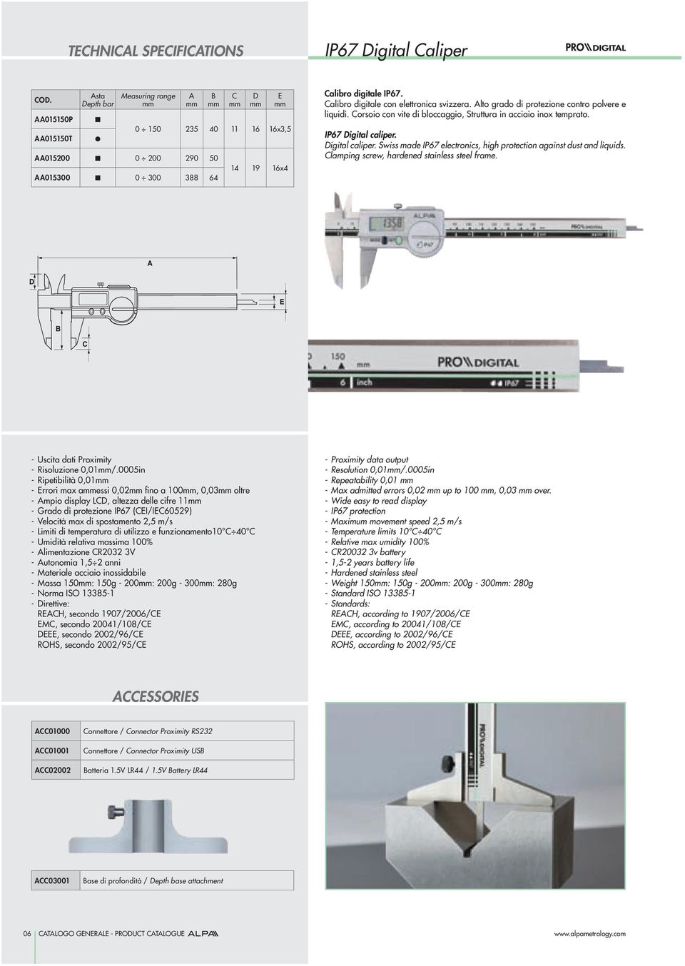 Digital caliper. Swiss made IP67 electronics, high protection against dust and liquids. Clamping screw, hardened stainless steel frame. - Uscita dati Proximity - Risoluzione 0,01/.