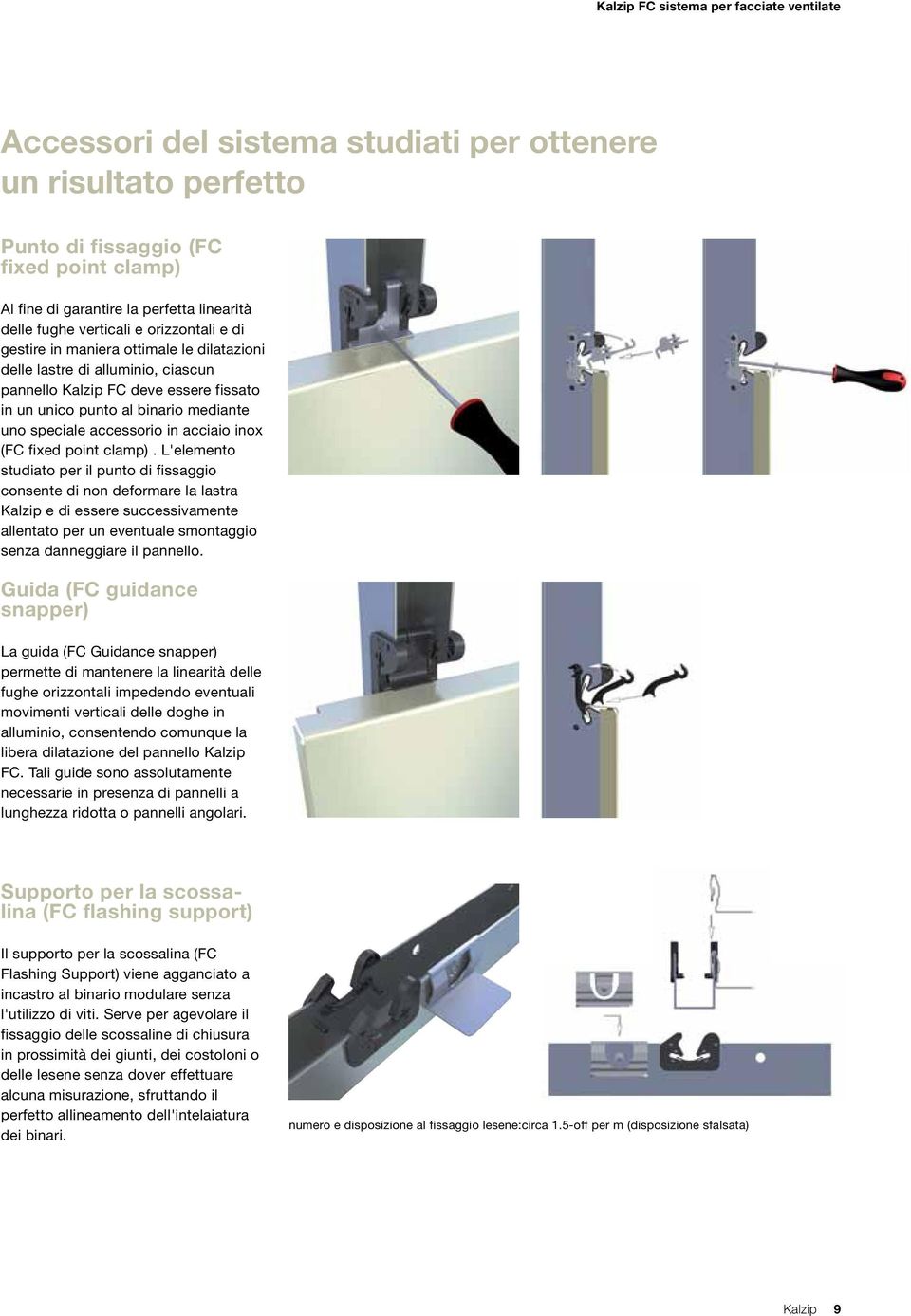 point clamp). L'elemento studiato per il punto di fissaggio consente di non deformare la lastra Kalzip e di essere successivamente allentato per un eventuale smontaggio senza danneggiare il pannello.