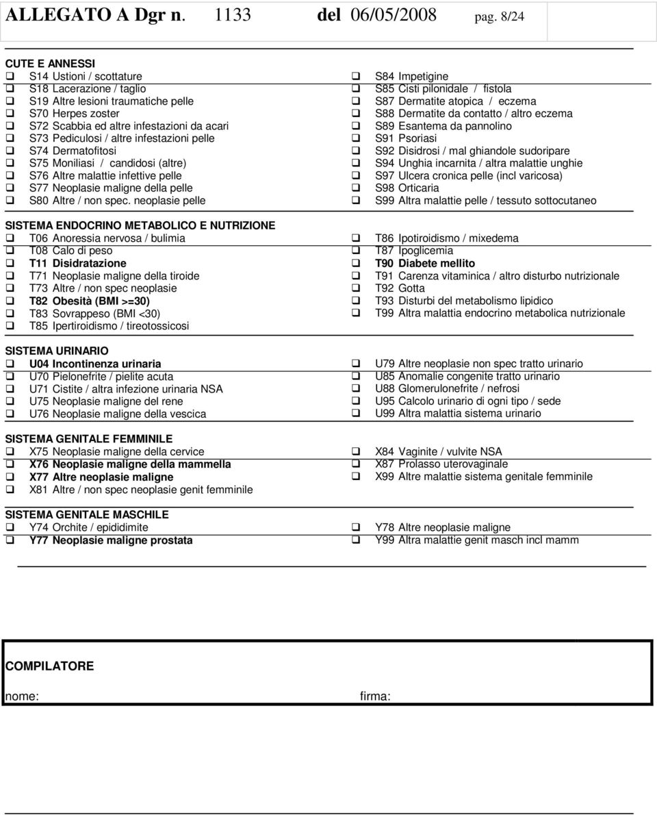 infestazioni pelle S74 Dermatofitosi S75 Moniliasi / candidosi (altre) S76 Altre malattie infettive pelle S77 Neoplasie maligne della pelle S80 Altre / non spec.